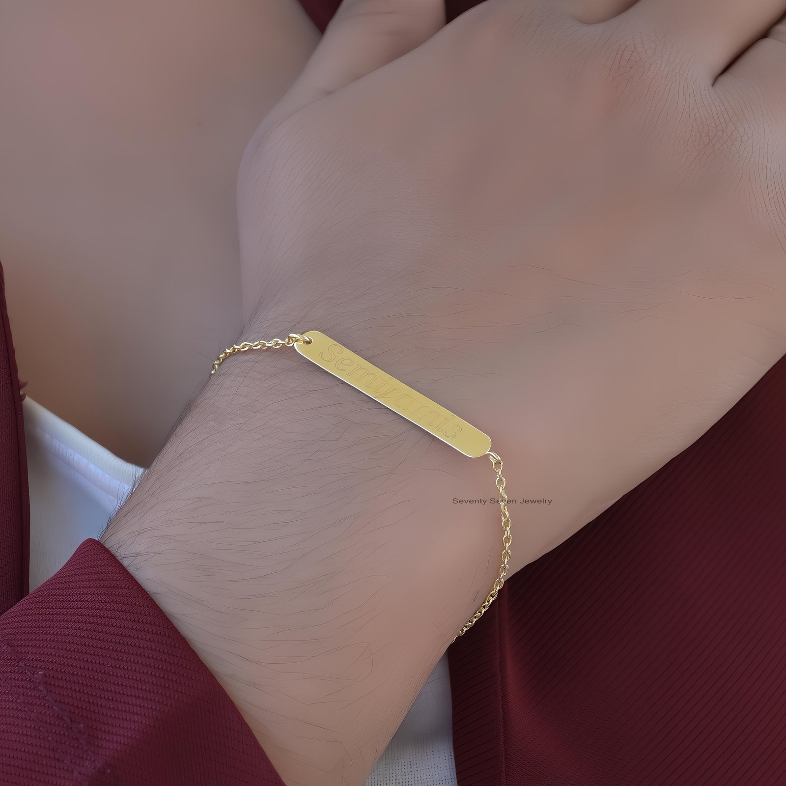 Gold Plated Name Bar Bracelet: Custom Engraved 925 Silver - View 2 - Seventy Seven Jewelry | SKU: SSMJA716-SLYG-6.5I Gold Plated Name Bar Bracelet: Custom Engraved 925 Silver - View 2 - Seventy Seven Jewelry | SKU: SSMJA716-SLYG-6.5I