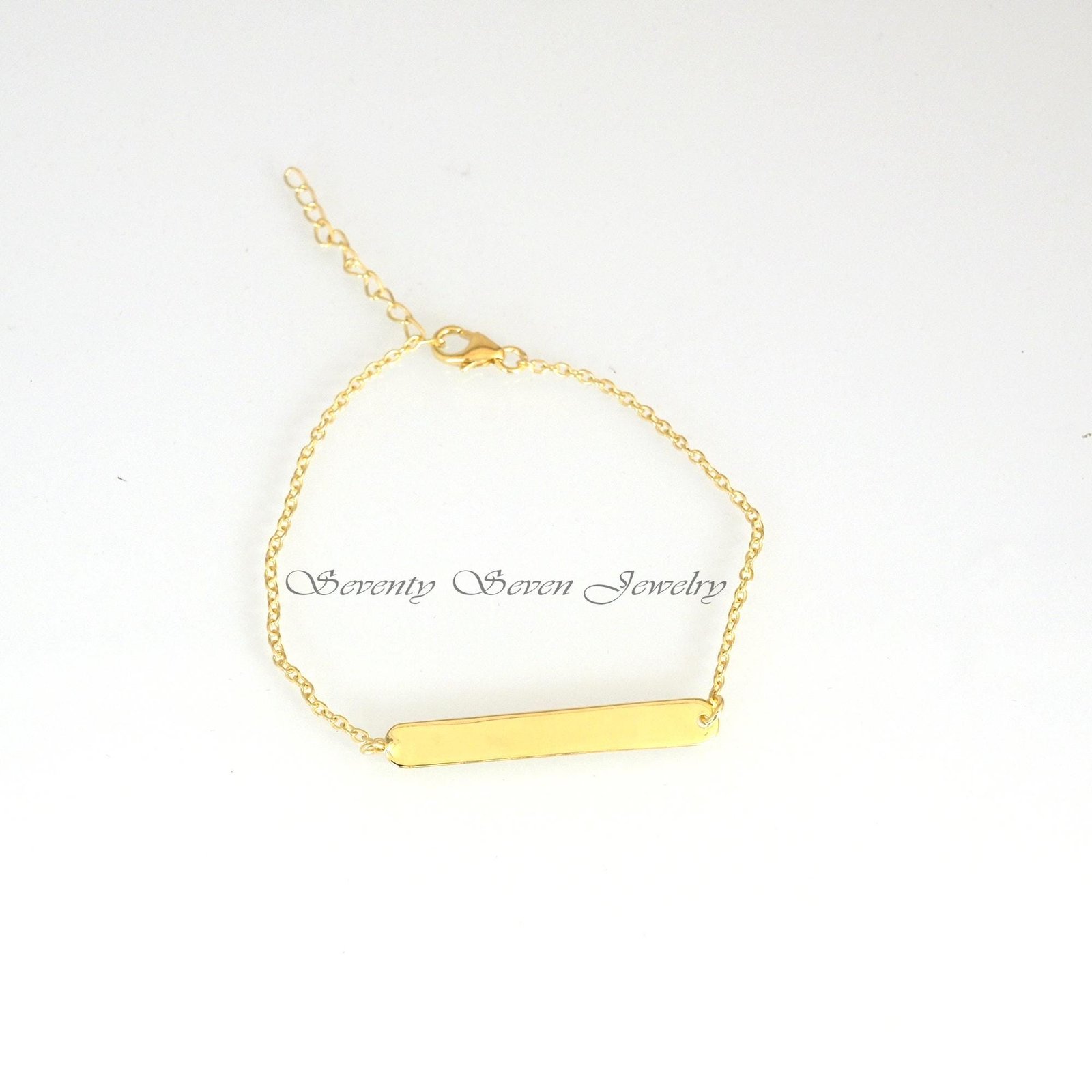Gold Plated Name Bar Bracelet: Custom Engraved 925 Silver - View 5 - Seventy Seven Jewelry | SKU: SSMJA716-SLYG-6.5I Gold Plated Name Bar Bracelet: Custom Engraved 925 Silver - View 5 - Seventy Seven Jewelry | SKU: SSMJA716-SLYG-6.5I