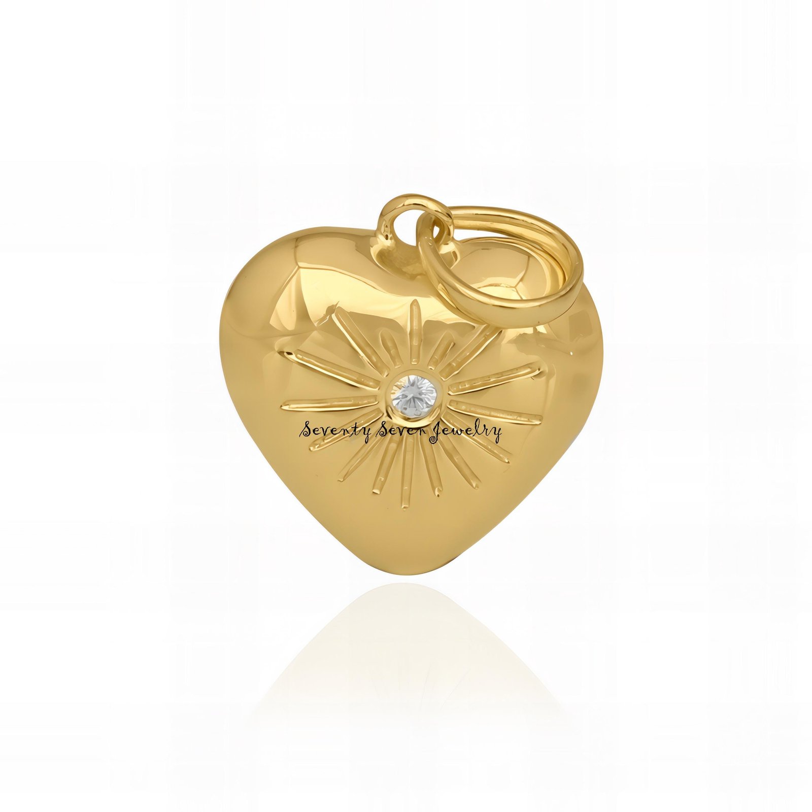 Gold Plated Puffy Heart Pendant | Sunburst Charm | 24mm Single Stone Jewelry - Seventy Seven Jewelry | SKU: SSMJP2521-14KYG-2 Gold Plated Puffy Heart Pendant | Sunburst Charm | 24mm Single Stone Jewelry - Seventy Seven Jewelry | SKU: SSMJP2521-14KYG-2