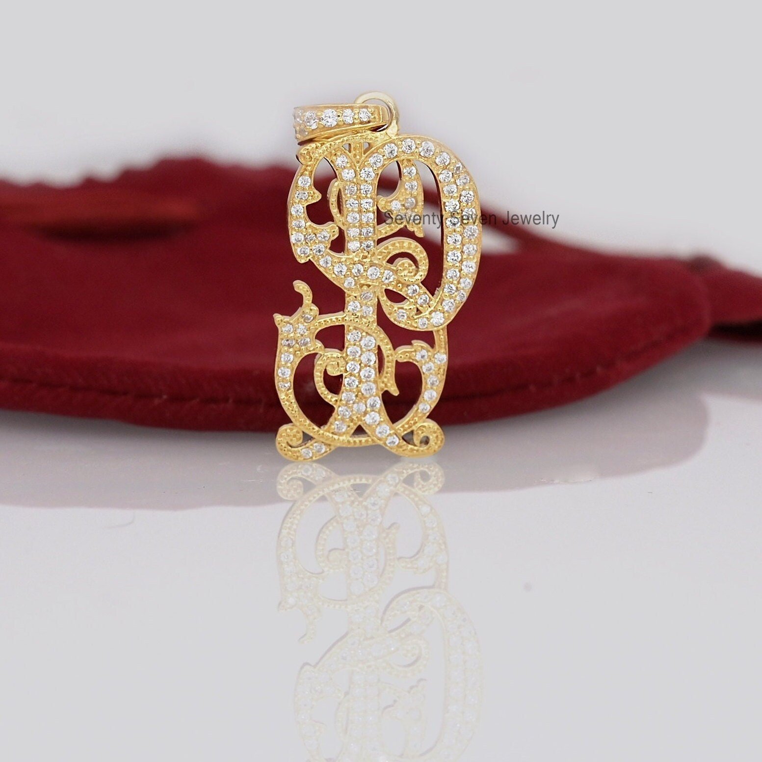 Gold Plated Sterling Silver Diamond Monogram Pendant - Custom 2 Letter Initial - Seventy Seven Jewelry | SKU: SSMJP423-SLWGDI Gold Plated Sterling Silver Diamond Monogram Pendant - Custom 2 Letter Initial - Seventy Seven Jewelry | SKU: SSMJP423-SLWGDI