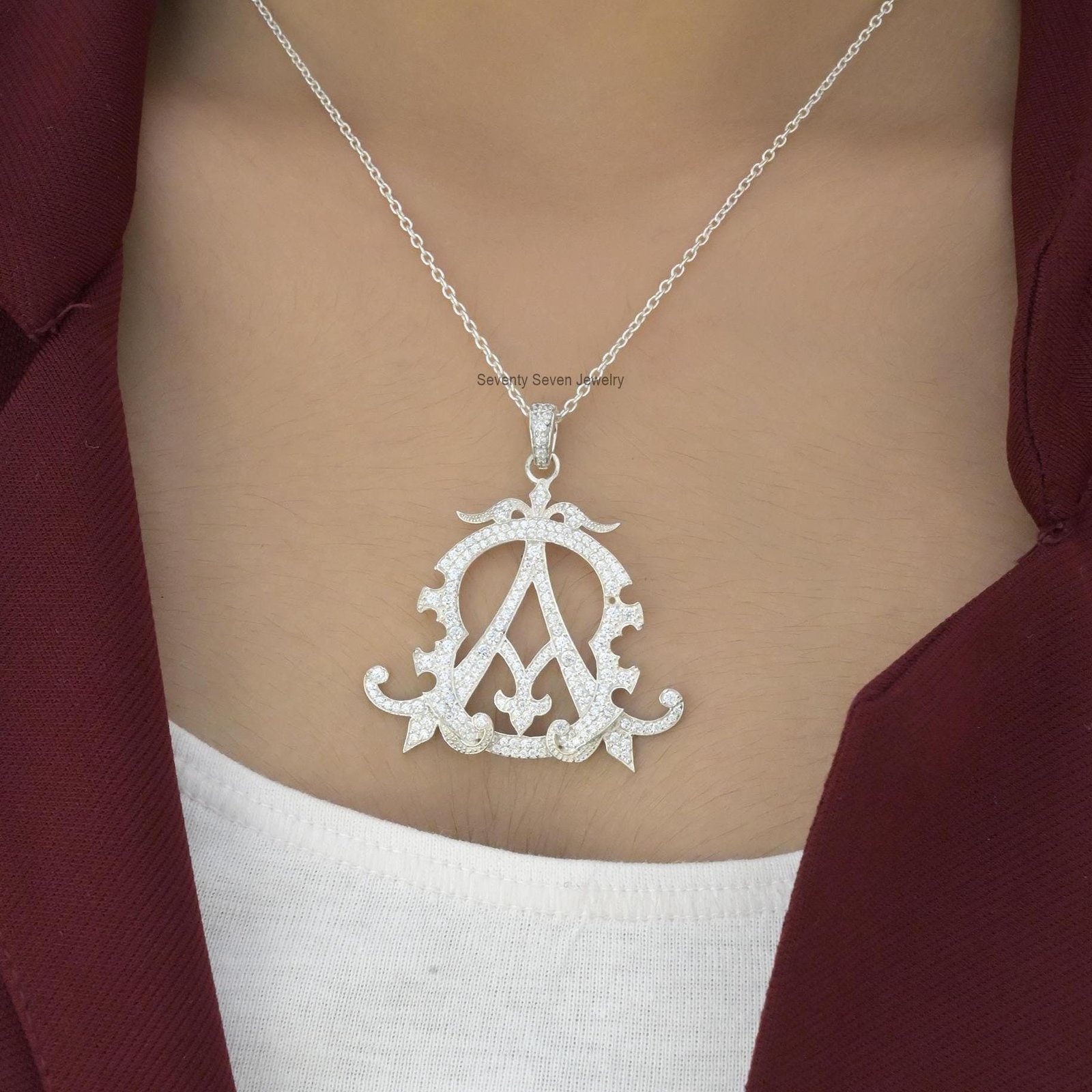 Gold Plated Sterling Silver Diamond Monogram Pendant - Custom 2 Letter Initial - View 2 - Seventy Seven Jewelry | SKU: SSMJP4 Gold Plated Sterling Silver Diamond Monogram Pendant - Custom 2 Letter Initial - View 2 - Seventy Seven Jewelry | SKU: SSMJP4