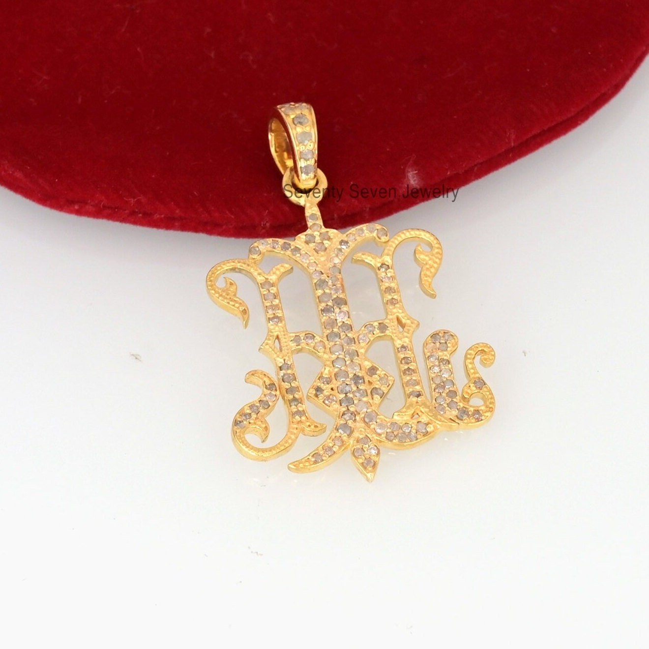 Gold Plated Sterling Silver Diamond Monogram Pendant - Custom 2 Letter Initial - View 4 - Seventy Seven Jewelry | SKU: SSMJP4 Gold Plated Sterling Silver Diamond Monogram Pendant - Custom 2 Letter Initial - View 4 - Seventy Seven Jewelry | SKU: SSMJP4