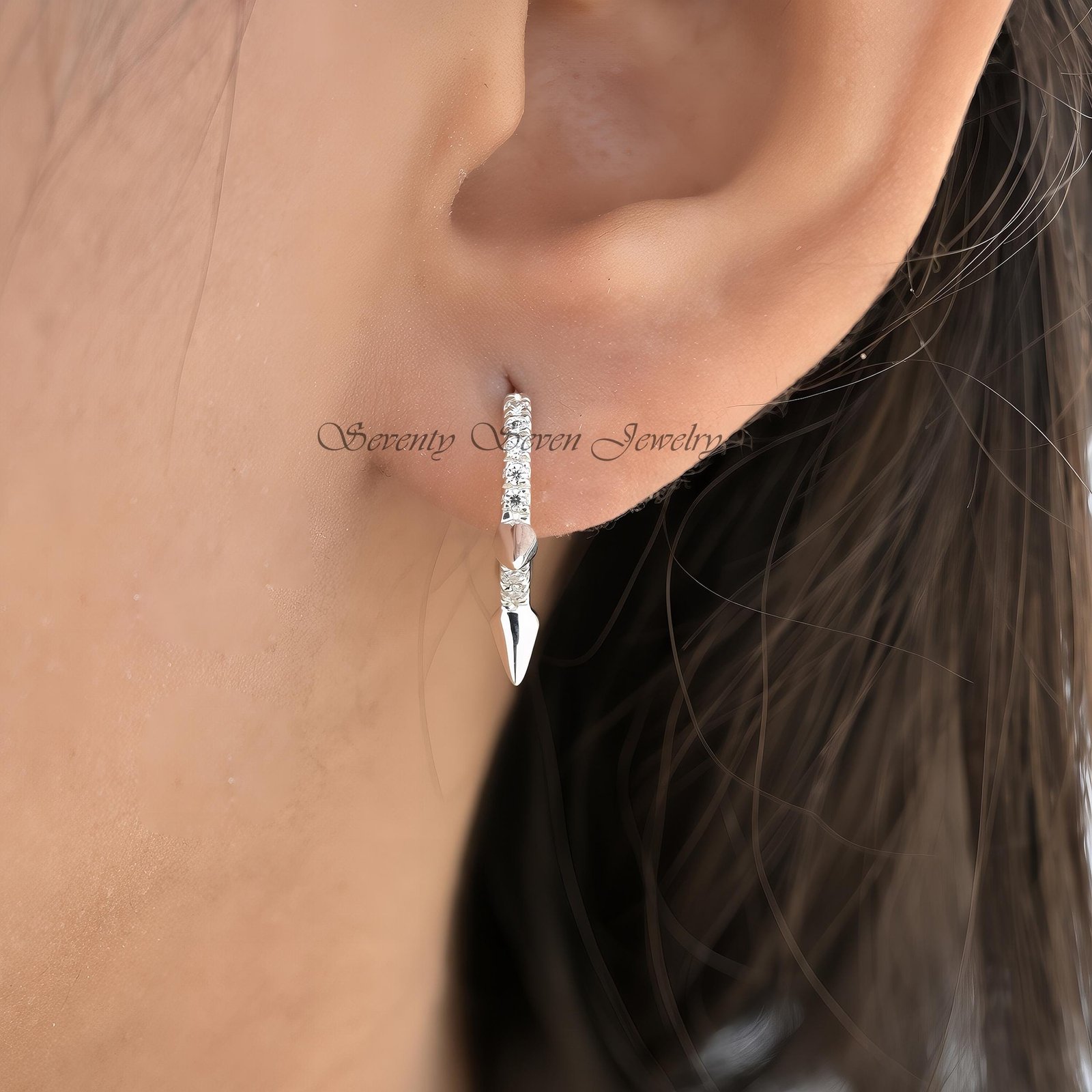 Gold Spike Hoop Earrings: CZ Diamond Huggies, 14K Hoops - View 2 - Seventy Seven Jewelry | SKU: SSMJE974-SLNSMN-12M-2026 Gold Spike Hoop Earrings: CZ Diamond Huggies, 14K Hoops - View 2 - Seventy Seven Jewelry | SKU: SSMJE974-SLNSMN-12M-2026