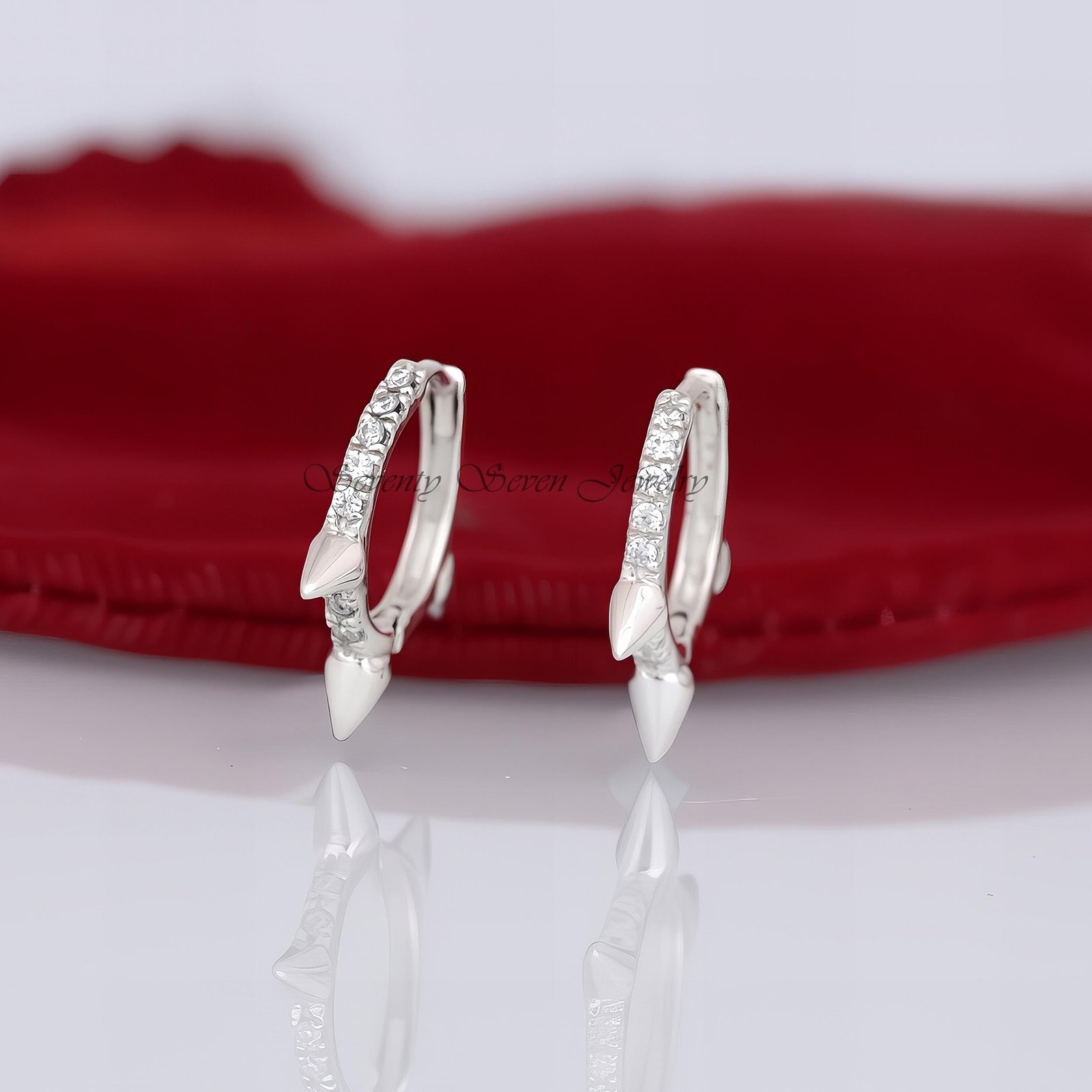 Gold Spike Hoop Earrings: CZ Diamond Huggies, 14K Hoops - View 3 - Seventy Seven Jewelry | SKU: SSMJE974-SLNSMN-12M-2026 Gold Spike Hoop Earrings: CZ Diamond Huggies, 14K Hoops - View 3 - Seventy Seven Jewelry | SKU: SSMJE974-SLNSMN-12M-2026