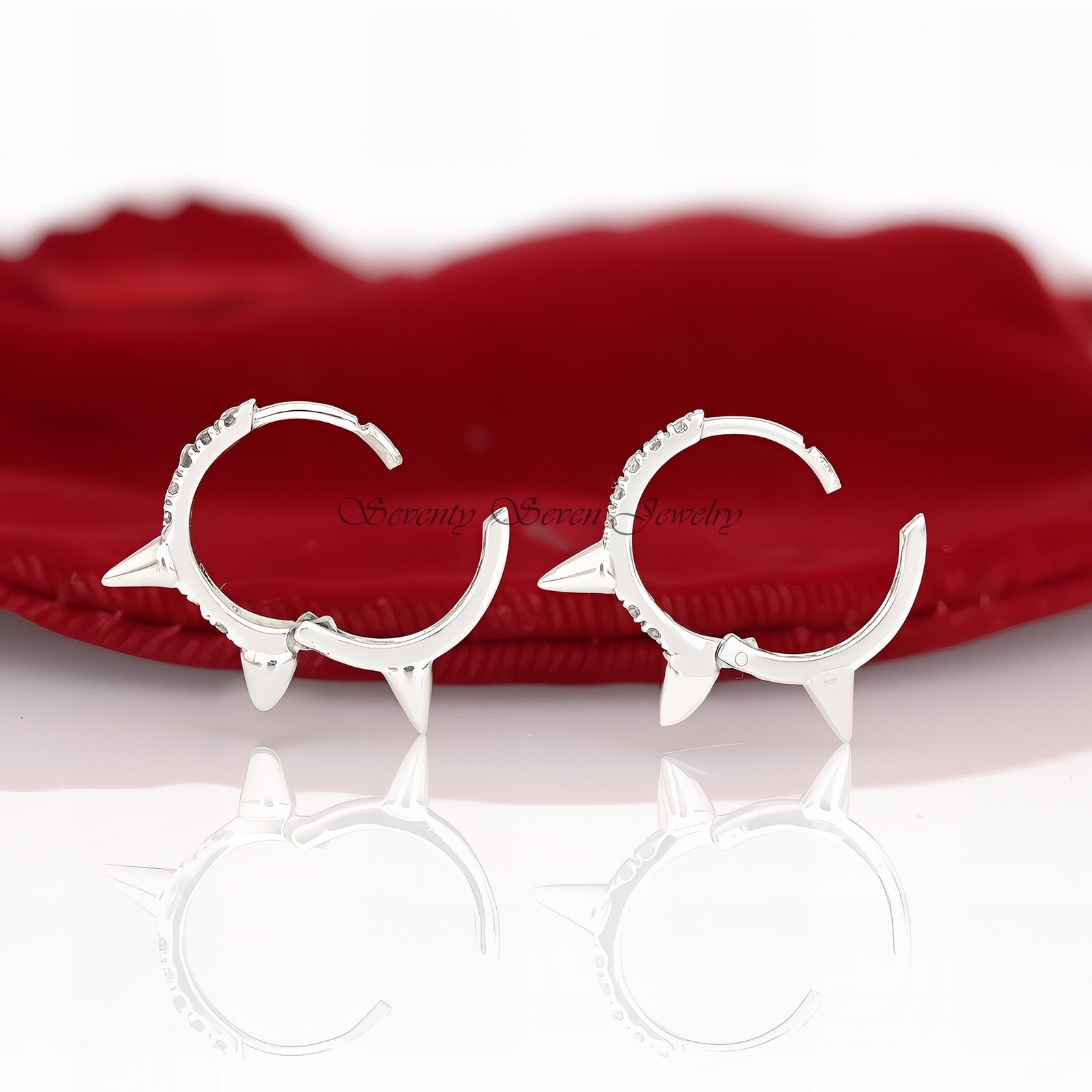 Gold Spike Hoop Earrings: CZ Diamond Huggies, 14K Hoops - View 4 - Seventy Seven Jewelry | SKU: SSMJE974-SLNSMN-12M-2026 Gold Spike Hoop Earrings: CZ Diamond Huggies, 14K Hoops - View 4 - Seventy Seven Jewelry | SKU: SSMJE974-SLNSMN-12M-2026