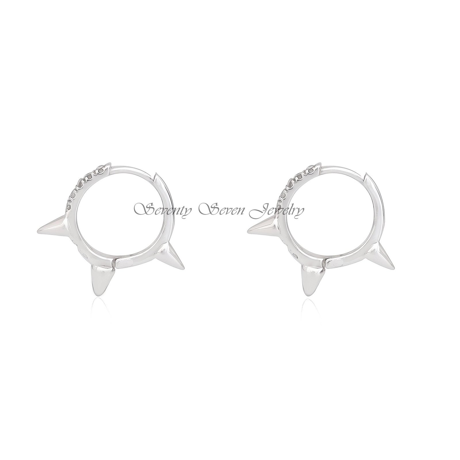 Gold Spike Hoop Earrings: CZ Diamond Huggies, 14K Hoops - View 5 - Seventy Seven Jewelry | SKU: SSMJE974-SLNSMN-12M-2026 Gold Spike Hoop Earrings: CZ Diamond Huggies, 14K Hoops - View 5 - Seventy Seven Jewelry | SKU: SSMJE974-SLNSMN-12M-2026