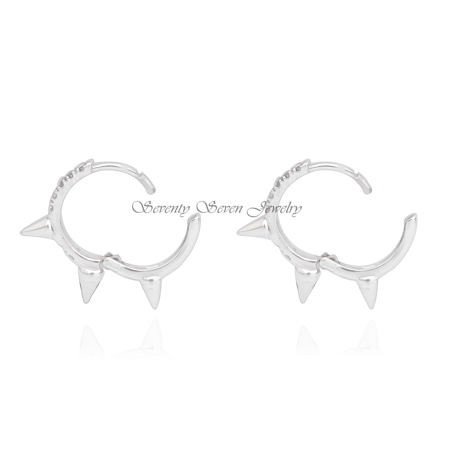 Gold Spike Hoop Earrings: CZ Diamond Huggies, 14K Hoops - View 6 - Seventy Seven Jewelry | SKU: SSMJE974-SLNSMN-12M-2026 Gold Spike Hoop Earrings: CZ Diamond Huggies, 14K Hoops - View 6 - Seventy Seven Jewelry | SKU: SSMJE974-SLNSMN-12M-2026