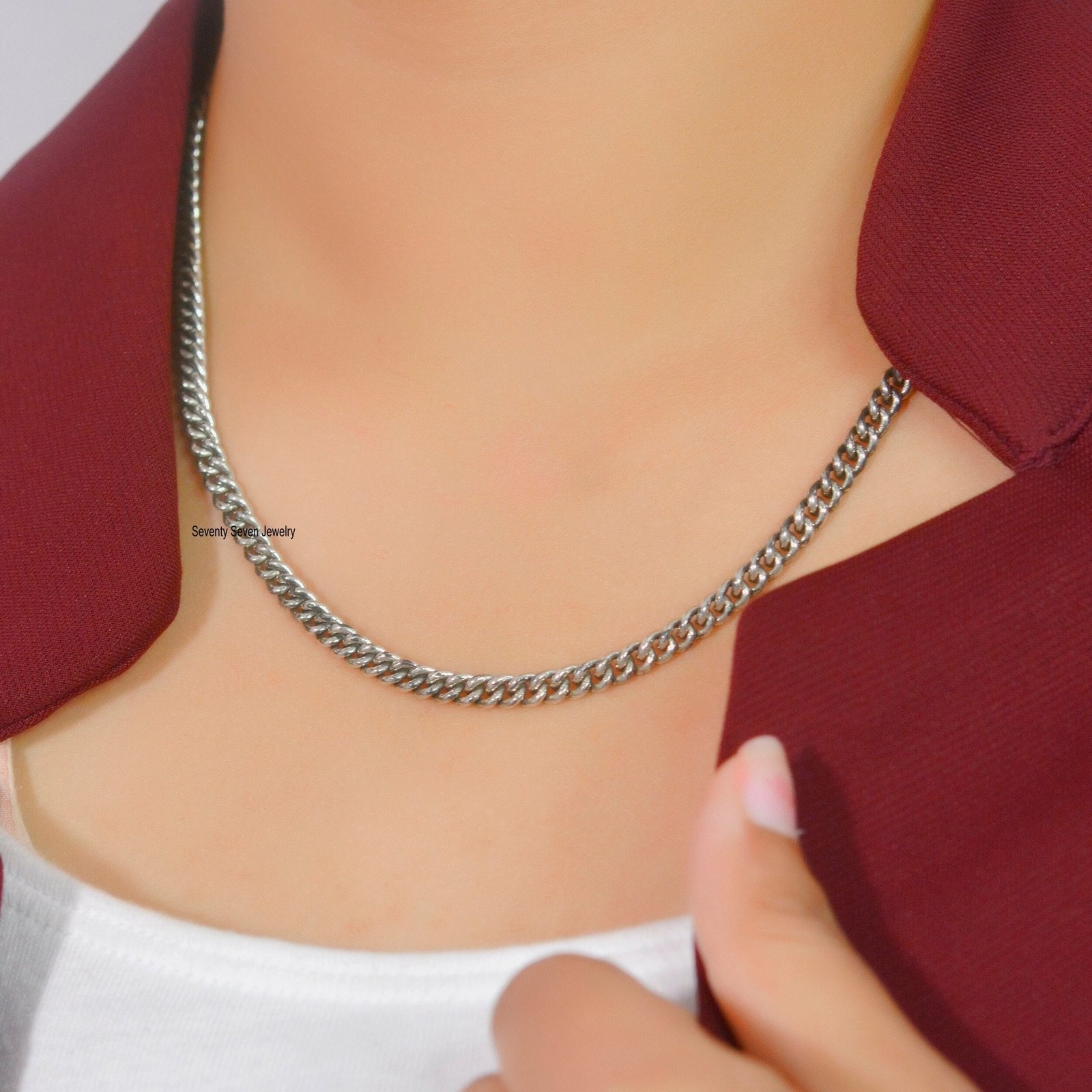 Handmade 925 Silver Curb Chain Necklace: 3MM Link, Carabiner Lock - Seventy Seven Jewelry | SKU: SSG17-SLOXYG-16I-V Handmade 925 Silver Curb Chain Necklace: 3MM Link, Carabiner Lock - Seventy Seven Jewelry | SKU: SSG17-SLOXYG-16I-V