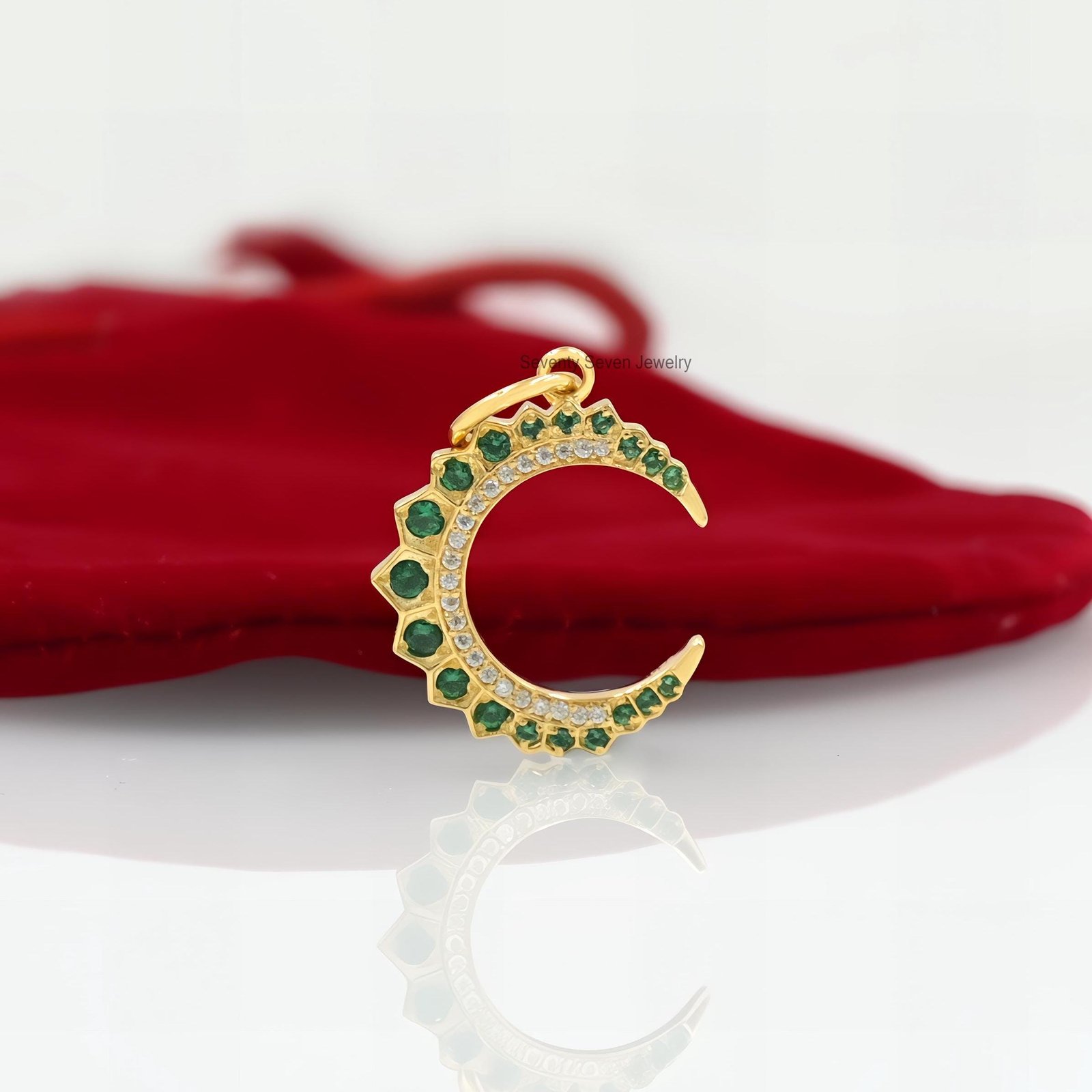 Moissanite Half Moon Pendant: Tsavorite & Pave 925 Silver Horn Charm - Seventy Seven Jewelry | SKU: SSMJP1102-SLYGMN-V Moissanite Half Moon Pendant: Tsavorite & Pave 925 Silver Horn Charm - Seventy Seven Jewelry | SKU: SSMJP1102-SLYGMN-V