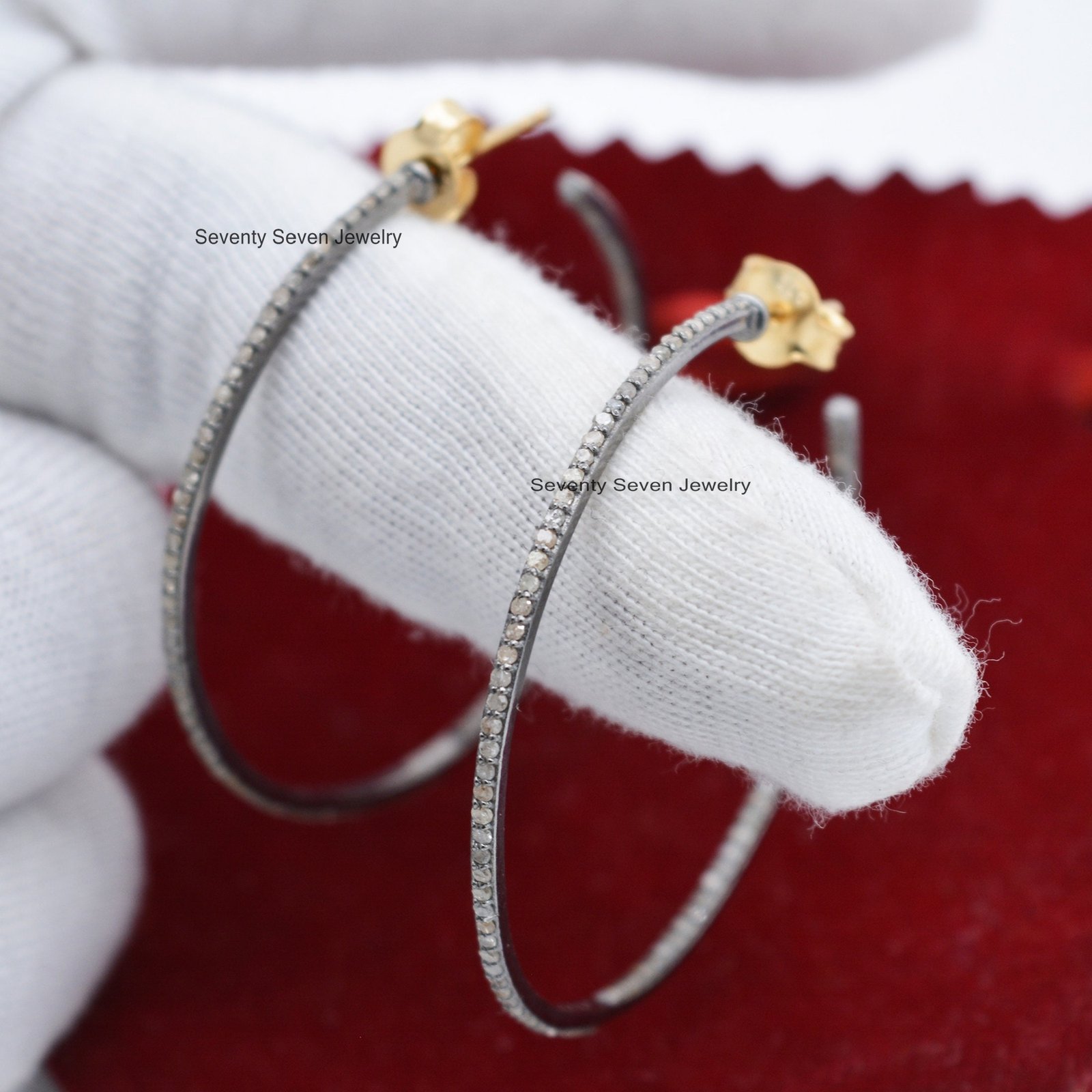 Oxidized 925 Silver Diamond Hoop Earrings: 45mm Huggies - Seventy Seven Jewelry | SKU: SSMJE10-SLYGRHDI-45M-2026 Oxidized 925 Silver Diamond Hoop Earrings: 45mm Huggies - Seventy Seven Jewelry | SKU: SSMJE10-SLYGRHDI-45M-2026
