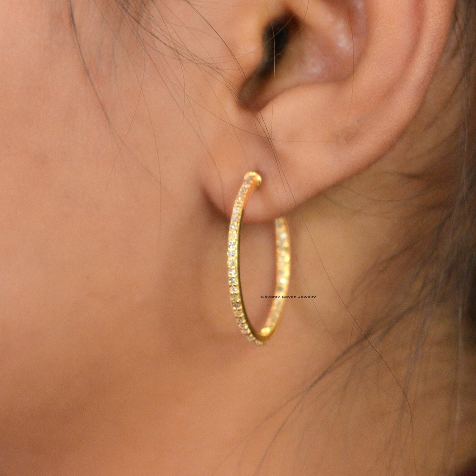 Oxidized Diamond Sterling Silver Hoop Earrings - 25MM - Seventy Seven Jewelry | SKU: SSMJE11-SLYGDI-25M-V Oxidized Diamond Sterling Silver Hoop Earrings - 25MM - Seventy Seven Jewelry | SKU: SSMJE11-SLYGDI-25M-V