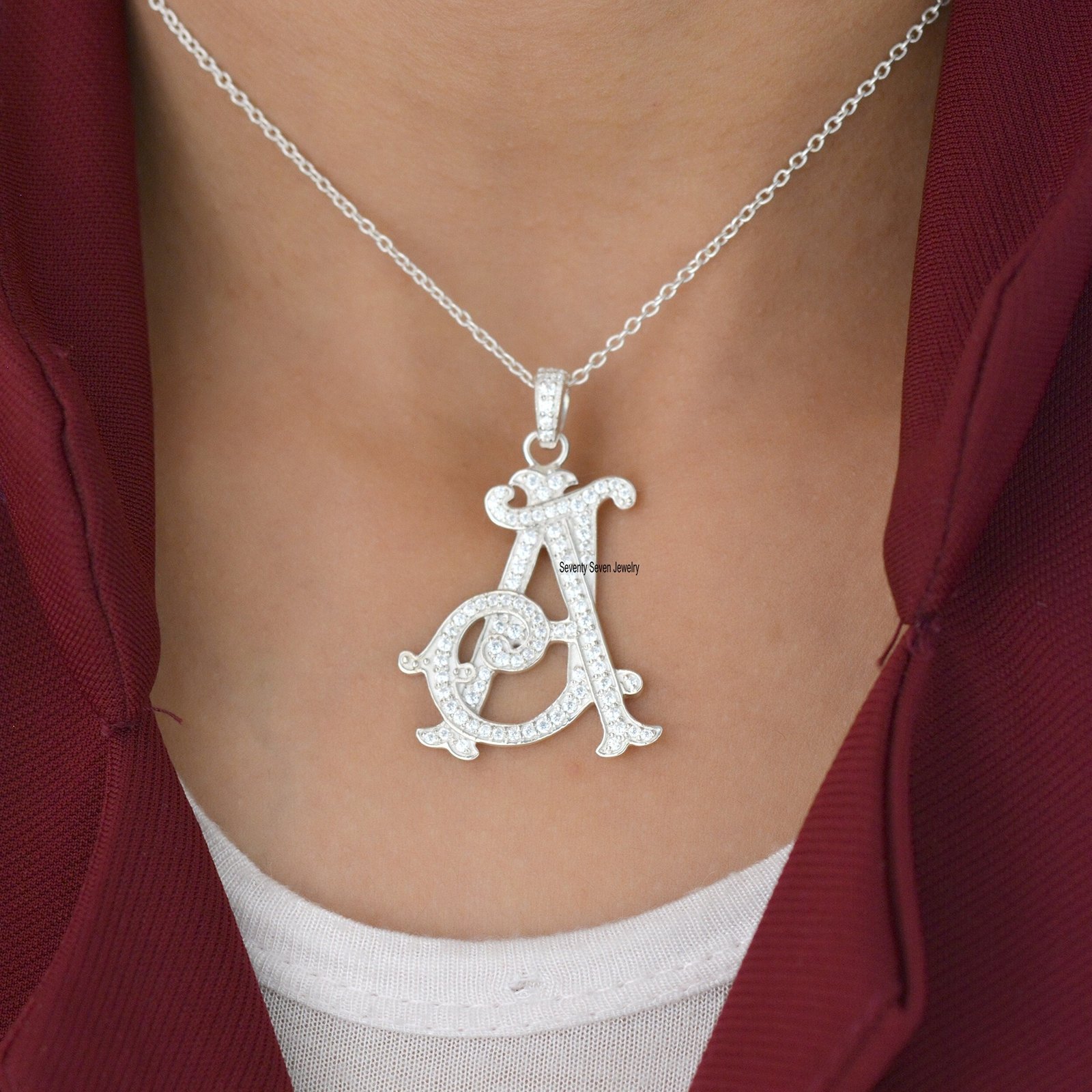 Pave Diamond AB-BA Letter Monogram: Sterling Silver Initial Pendant - View 2 - Seventy Seven Jewelry | SKU: SSMJP86-SLWGDI-20 Pave Diamond AB-BA Letter Monogram: Sterling Silver Initial Pendant - View 2 - Seventy Seven Jewelry | SKU: SSMJP86-SLWGDI-20