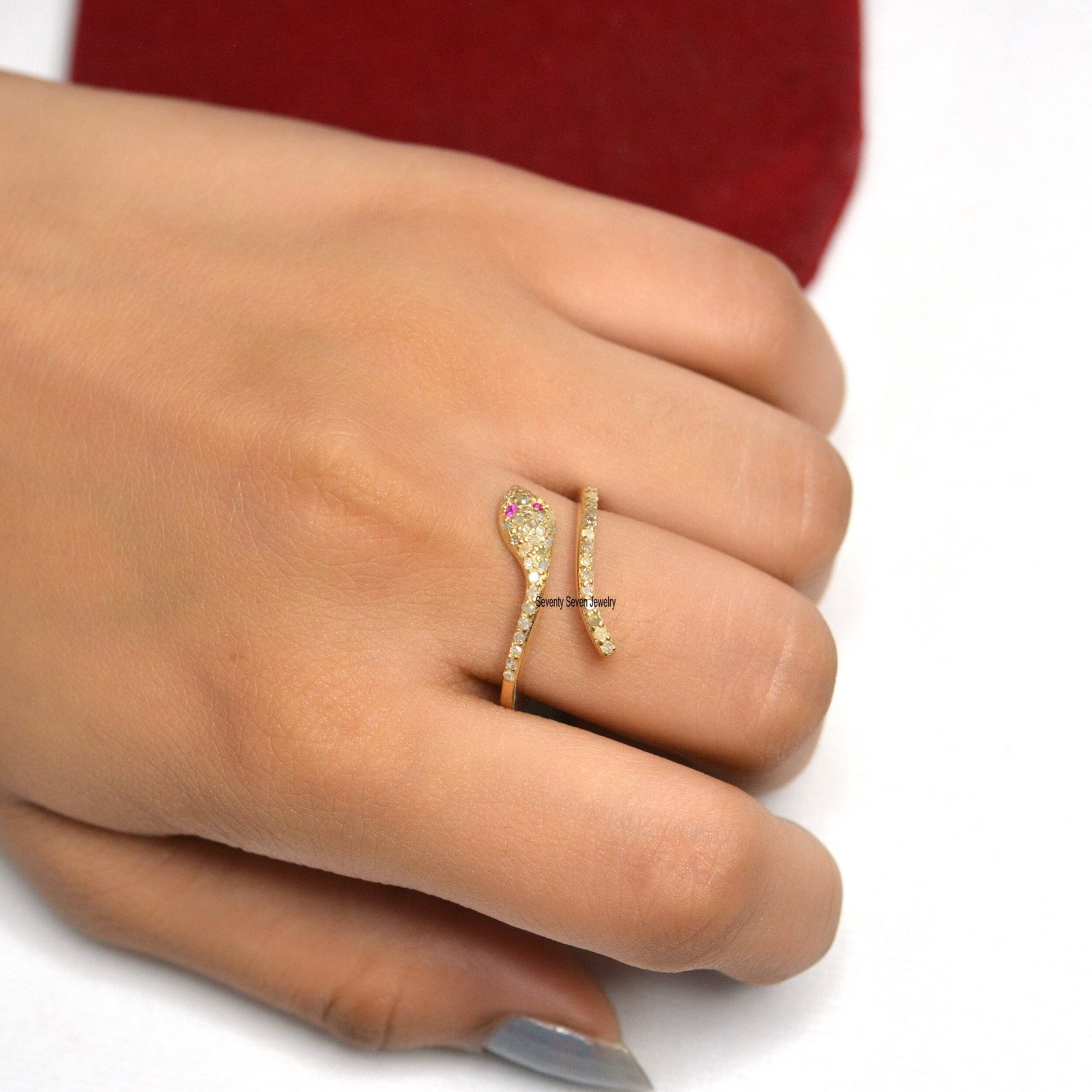 Pave Diamond Sterling Silver Snake Ring - Tsavorite Eyes - Seventy Seven Jewelry | SKU: SSMJR21-SLYGDITS-2026 Pave Diamond Sterling Silver Snake Ring - Tsavorite Eyes - Seventy Seven Jewelry | SKU: SSMJR21-SLYGDITS-2026