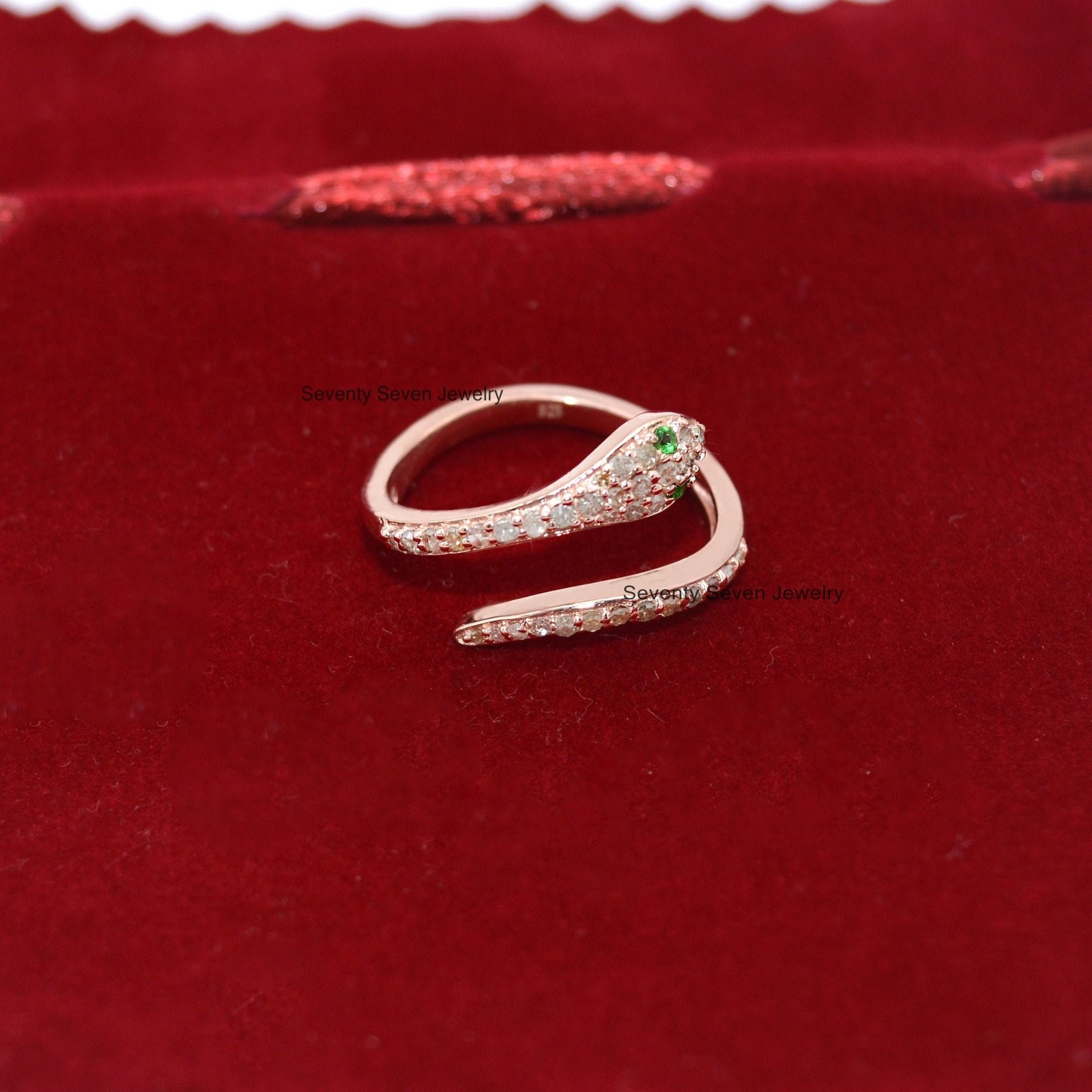 Pave Diamond Sterling Silver Snake Ring - Tsavorite Eyes - View 7 - Seventy Seven Jewelry | SKU: SSMJR21-SLYGDITS-2026 Pave Diamond Sterling Silver Snake Ring - Tsavorite Eyes - View 7 - Seventy Seven Jewelry | SKU: SSMJR21-SLYGDITS-2026