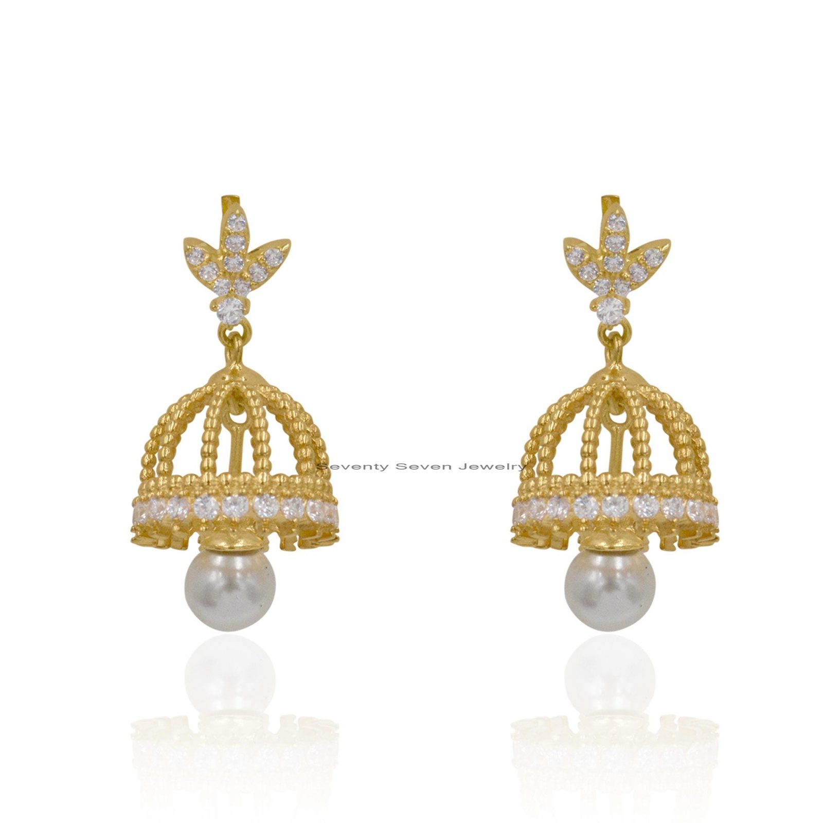 Pearl Jhumka Earrings in 14K Gold, 9K , Sterling Silver | Lab Diamonds Moissanite Jewelry - Seventy Seven Jewelry | SKU: SSMJ Pearl Jhumka Earrings in 14K Gold, 9K , Sterling Silver | Lab Diamonds Moissanite Jewelry - Seventy Seven Jewelry | SKU: SSMJ