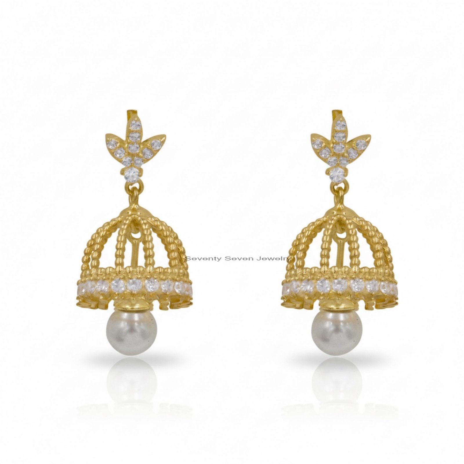 Pearl Jhumka Earrings in 14K Gold, 9K , Sterling Silver | Lab Diamonds Moissanite Jewelry - View 2 - Seventy Seven Jewelry | Pearl Jhumka Earrings in 14K Gold, 9K , Sterling Silver | Lab Diamonds Moissanite Jewelry - View 2 - Seventy Seven Jewelry |