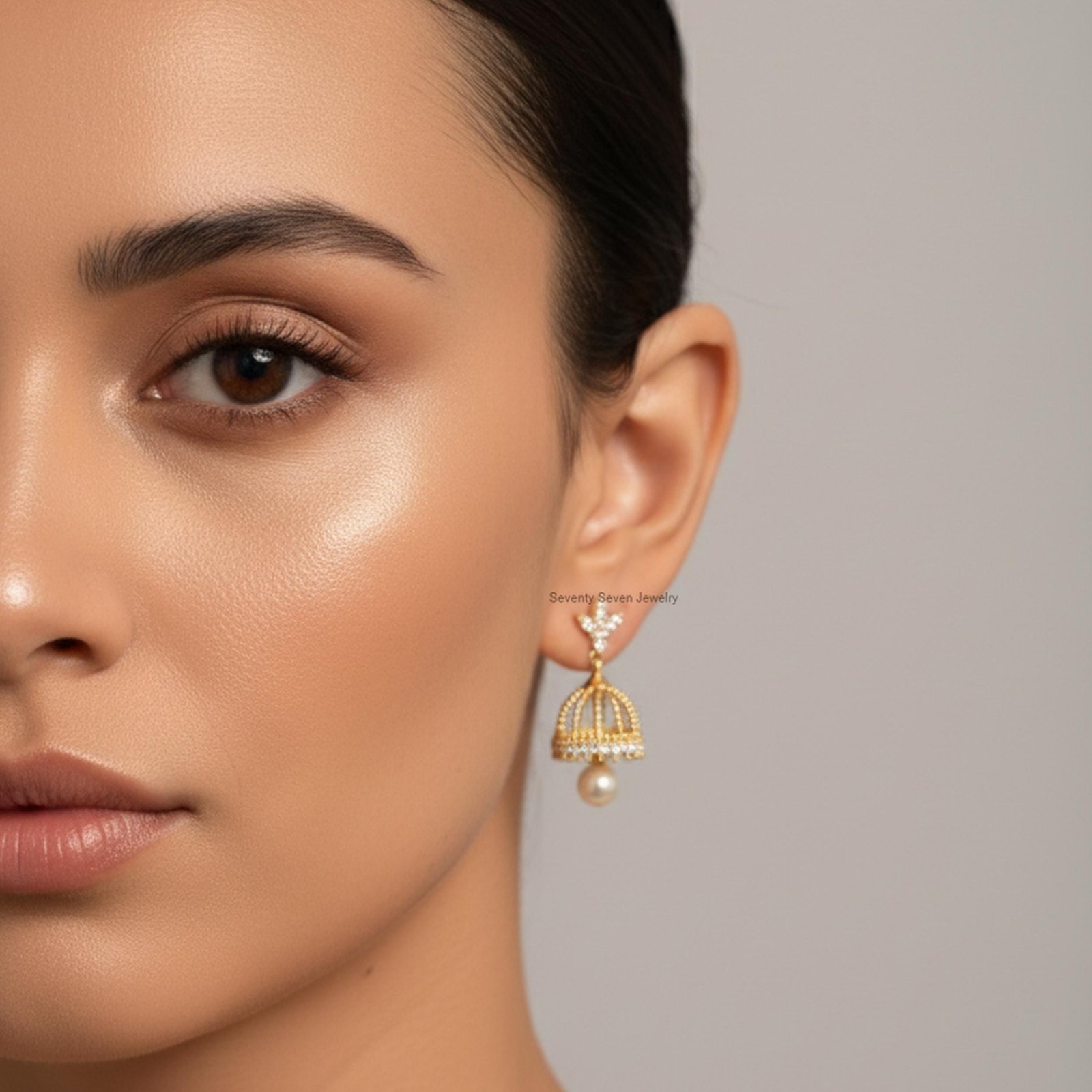 Pearl Jhumka Earrings in 14K Gold, 9K , Sterling Silver | Lab Diamonds Moissanite Jewelry - View 3 - Seventy Seven Jewelry | Pearl Jhumka Earrings in 14K Gold, 9K , Sterling Silver | Lab Diamonds Moissanite Jewelry - View 3 - Seventy Seven Jewelry |