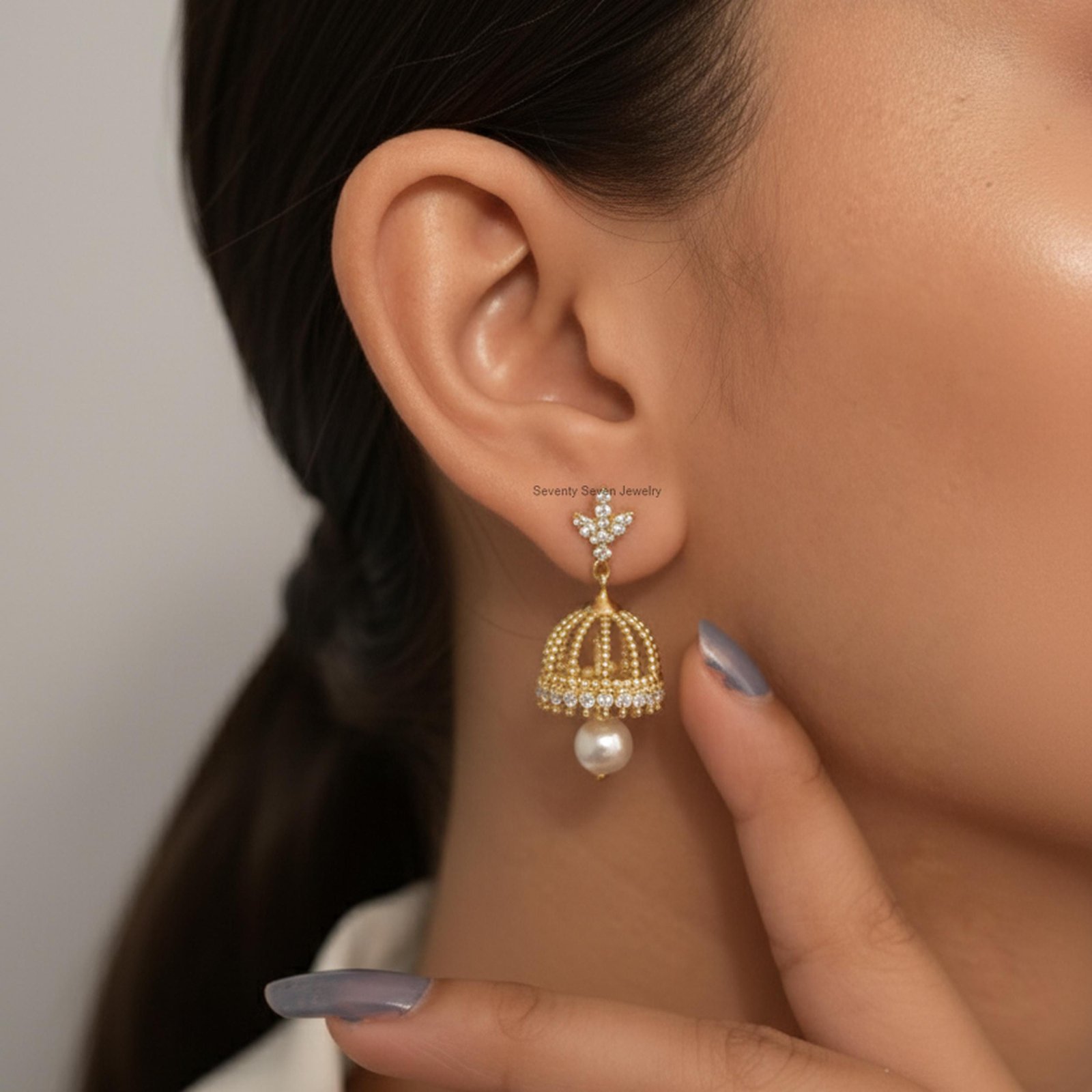 Pearl Jhumka Earrings in 14K Gold, 9K , Sterling Silver | Lab Diamonds Moissanite Jewelry - View 4 - Seventy Seven Jewelry | Pearl Jhumka Earrings in 14K Gold, 9K , Sterling Silver | Lab Diamonds Moissanite Jewelry - View 4 - Seventy Seven Jewelry |