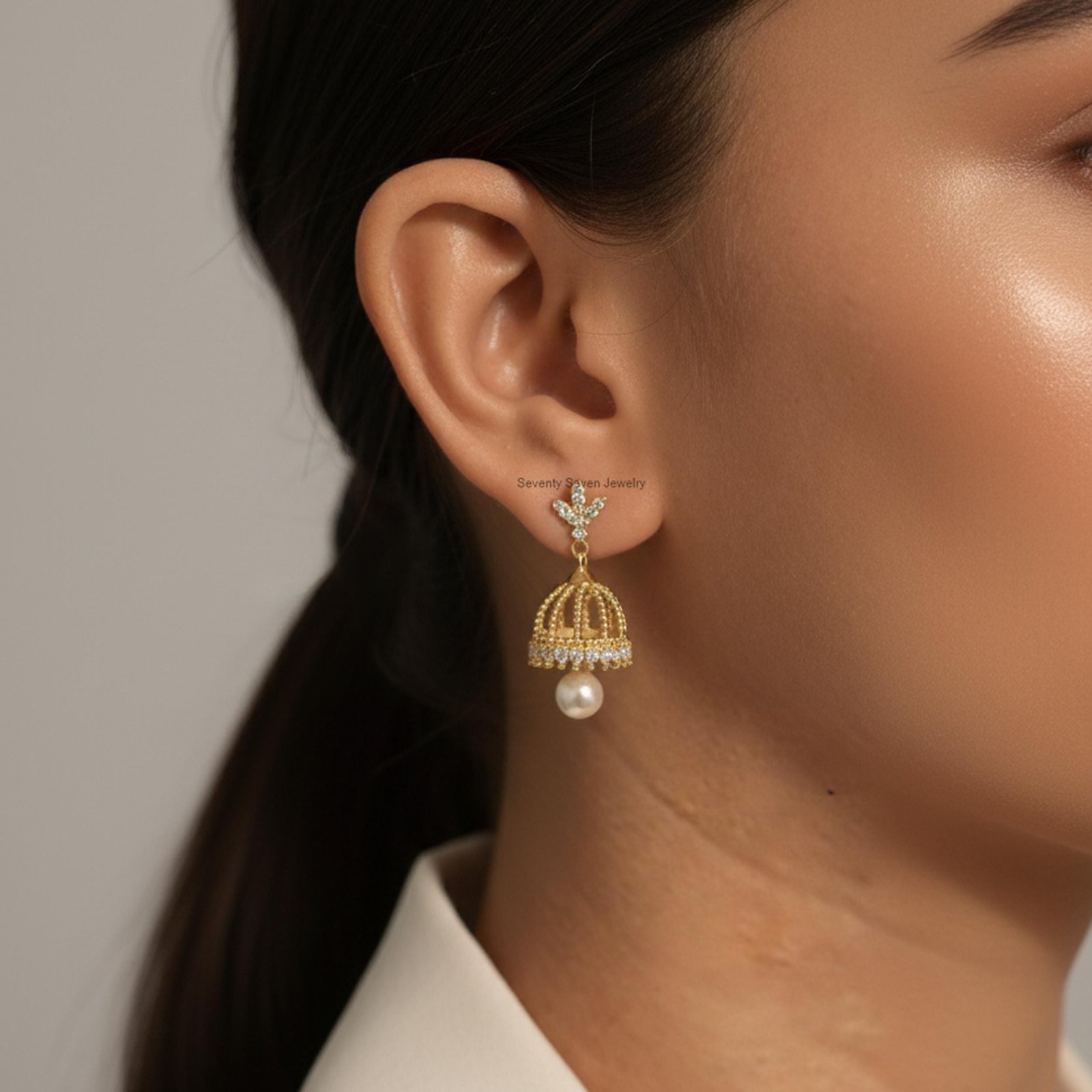 Pearl Jhumka Earrings in 14K Gold, 9K , Sterling Silver | Lab Diamonds Moissanite Jewelry - View 5 - Seventy Seven Jewelry | Pearl Jhumka Earrings in 14K Gold, 9K , Sterling Silver | Lab Diamonds Moissanite Jewelry - View 5 - Seventy Seven Jewelry |