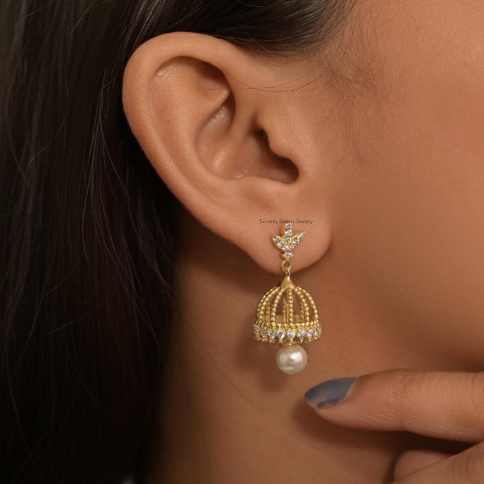 Pearl Jhumka Earrings in 14K Gold, 9K , Sterling Silver | Lab Diamonds Moissanite Jewelry - View 6 - Seventy Seven Jewelry | Pearl Jhumka Earrings in 14K Gold, 9K , Sterling Silver | Lab Diamonds Moissanite Jewelry - View 6 - Seventy Seven Jewelry |