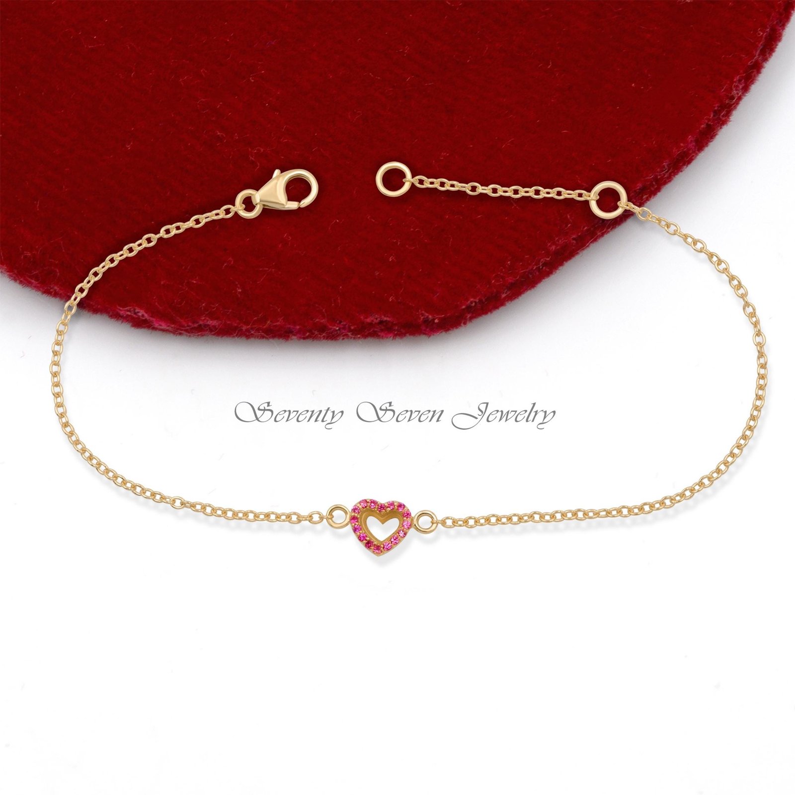 Pink Sapphire Heart Bracelet: Dainty Pave 925 Silver Gemstone - Seventy Seven Jewelry | SKU: SSMJA233A-SLYGPSP-7-8I-2026 Pink Sapphire Heart Bracelet: Dainty Pave 925 Silver Gemstone - Seventy Seven Jewelry | SKU: SSMJA233A-SLYGPSP-7-8I-2026