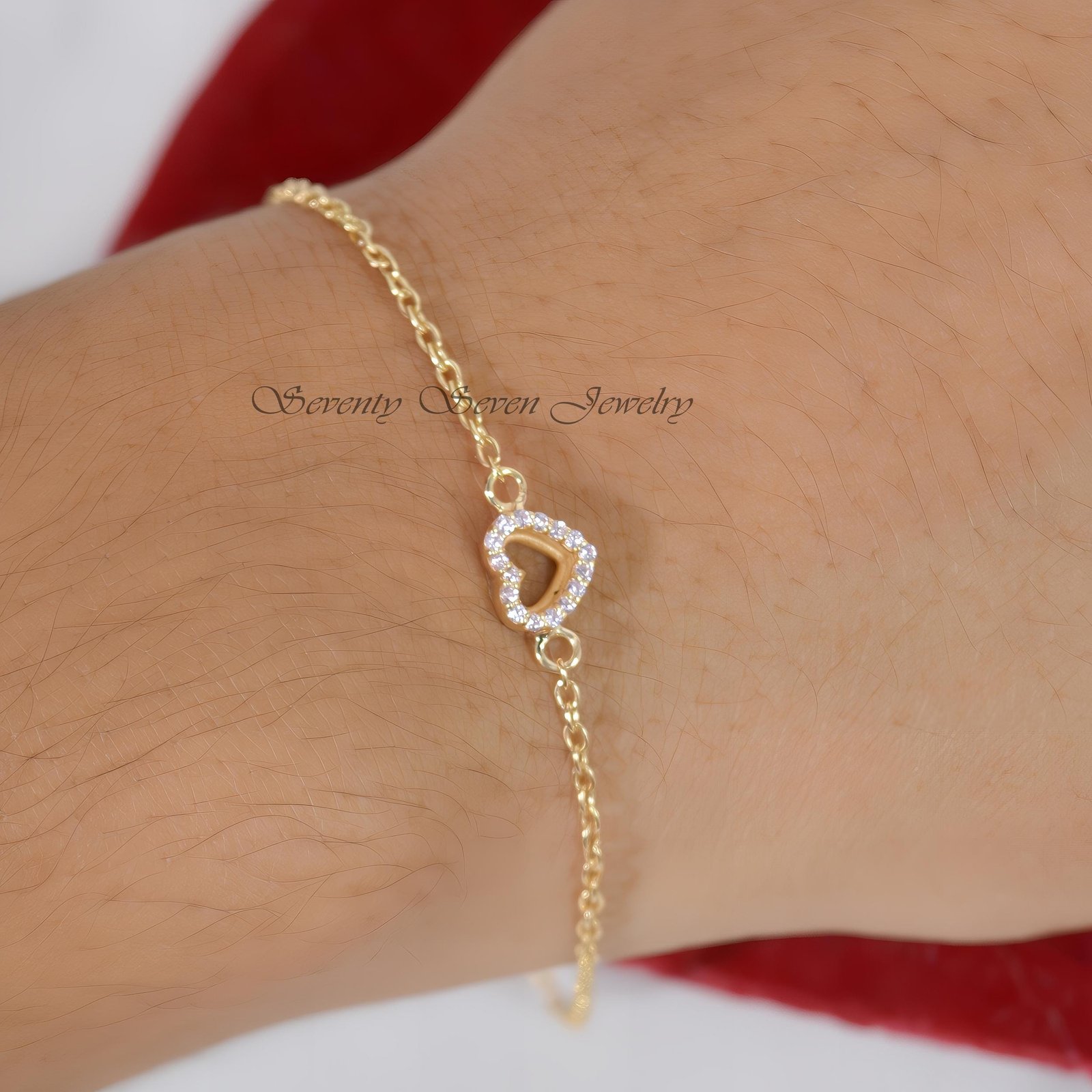 Pink Sapphire Heart Bracelet: Dainty Pave 925 Silver Gemstone - View 2 - Seventy Seven Jewelry | SKU: SSMJA233A-SLYGPSP-7-8I- Pink Sapphire Heart Bracelet: Dainty Pave 925 Silver Gemstone - View 2 - Seventy Seven Jewelry | SKU: SSMJA233A-SLYGPSP-7-8I-