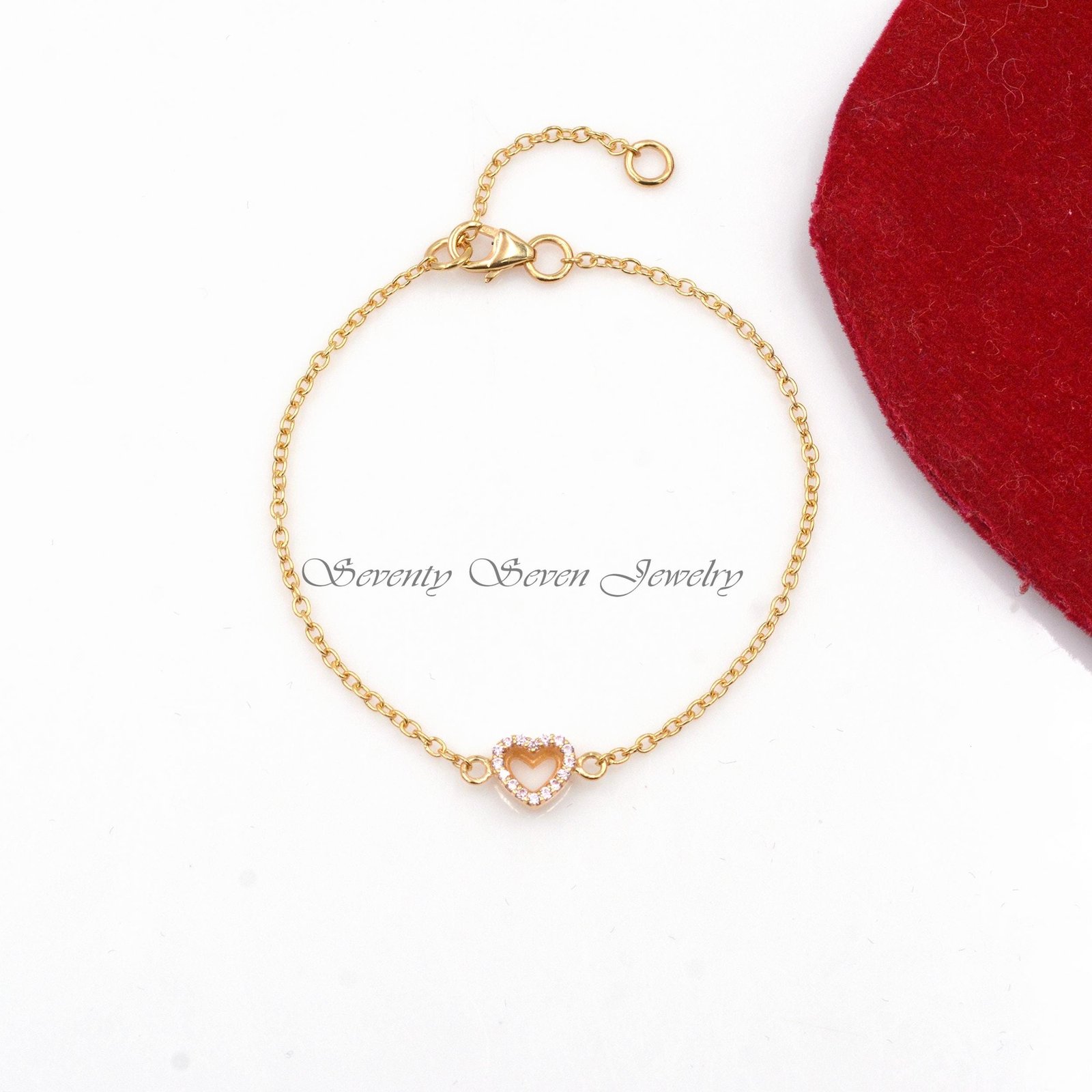 Pink Sapphire Heart Bracelet: Dainty Pave 925 Silver Gemstone - View 5 - Seventy Seven Jewelry | SKU: SSMJA233A-SLYGPSP-7-8I- Pink Sapphire Heart Bracelet: Dainty Pave 925 Silver Gemstone - View 5 - Seventy Seven Jewelry | SKU: SSMJA233A-SLYGPSP-7-8I-
