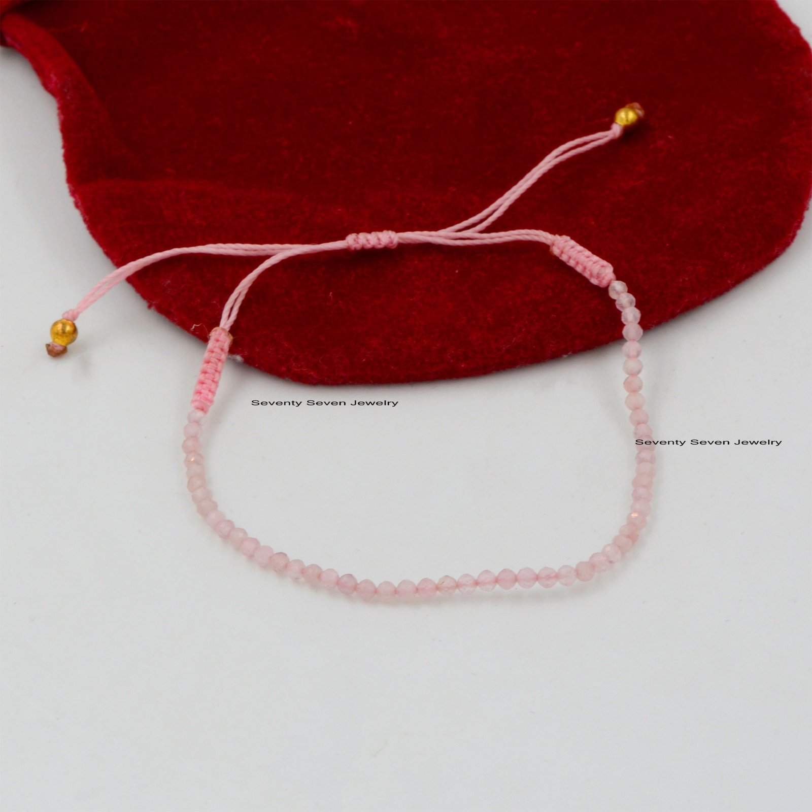 Rose Quartz Beaded Bracelet: 925 Silver, Adjustable Knot - View 4 - Seventy Seven Jewelry | SKU: SSMJA28-SLYGRQ-2026 Rose Quartz Beaded Bracelet: 925 Silver, Adjustable Knot - View 4 - Seventy Seven Jewelry | SKU: SSMJA28-SLYGRQ-2026