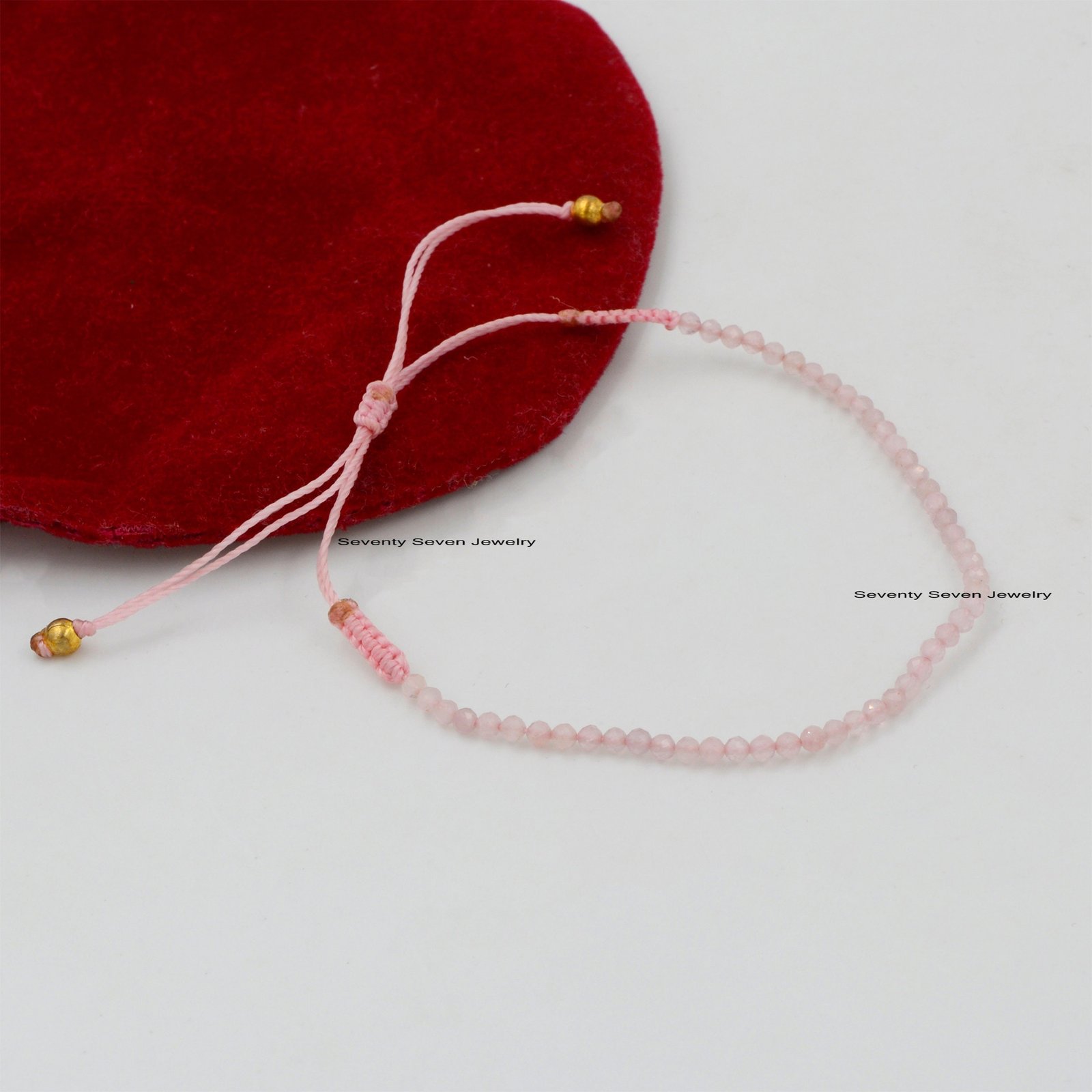 Rose Quartz Beaded Bracelet: 925 Silver, Adjustable Knot - View 5 - Seventy Seven Jewelry | SKU: SSMJA28-SLYGRQ-2026 Rose Quartz Beaded Bracelet: 925 Silver, Adjustable Knot - View 5 - Seventy Seven Jewelry | SKU: SSMJA28-SLYGRQ-2026