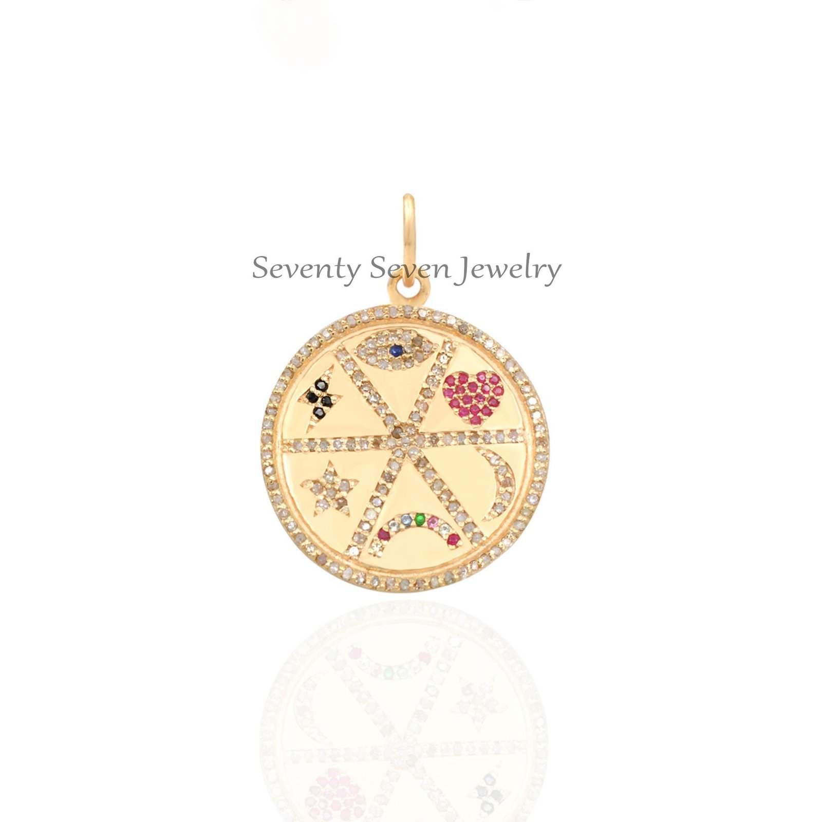 Silver Diamond Medallion Pendant: Heart Moon Religious Jewelry - Seventy Seven Jewelry | SKU: SSMJP42-SLYGDIMT-2026 Silver Diamond Medallion Pendant: Heart Moon Religious Jewelry - Seventy Seven Jewelry | SKU: SSMJP42-SLYGDIMT-2026