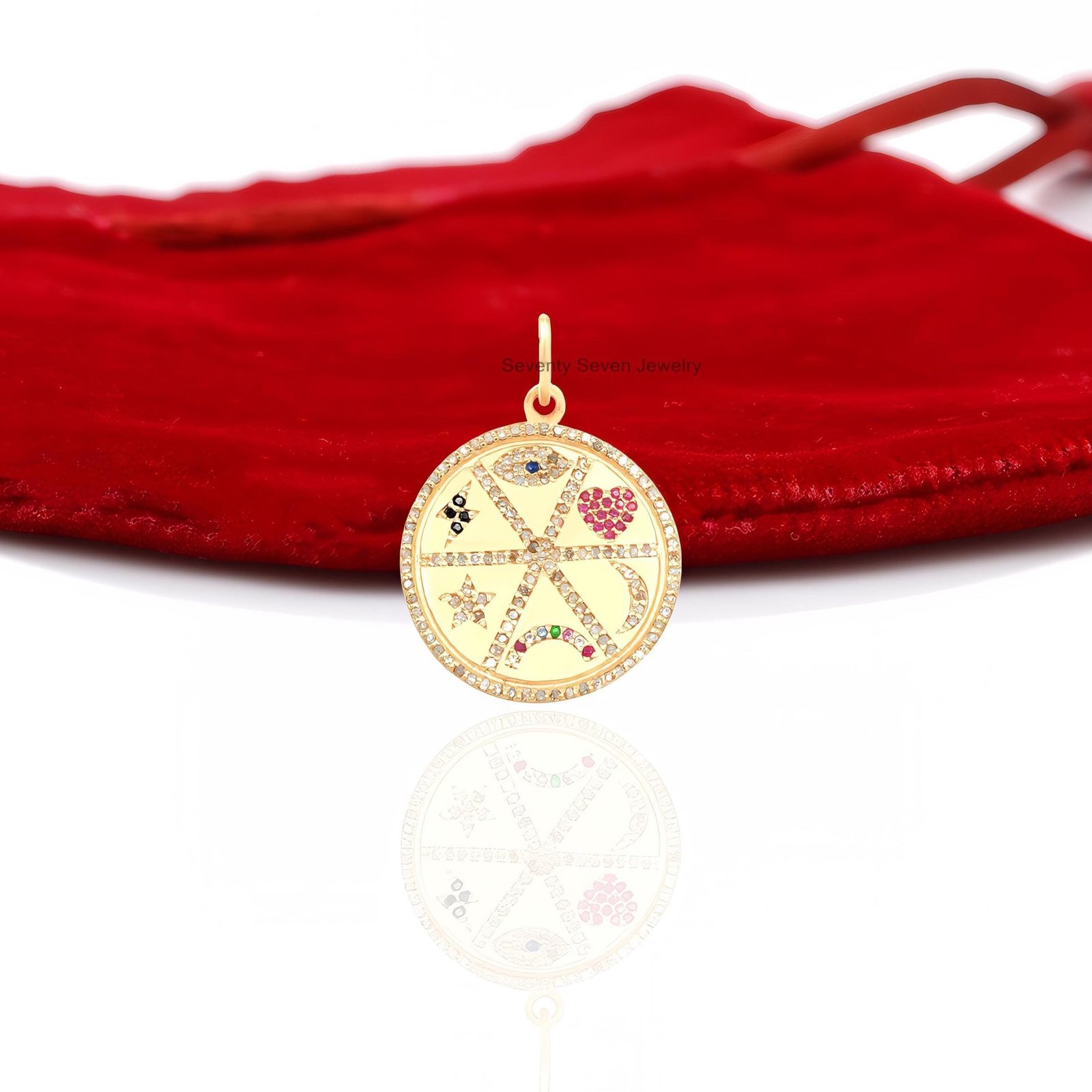 Silver Diamond Medallion Pendant: Heart Moon Religious Jewelry - View 3 - Seventy Seven Jewelry | SKU: SSMJP42-SLYGDIMT-2026 Silver Diamond Medallion Pendant: Heart Moon Religious Jewelry - View 3 - Seventy Seven Jewelry | SKU: SSMJP42-SLYGDIMT-2026