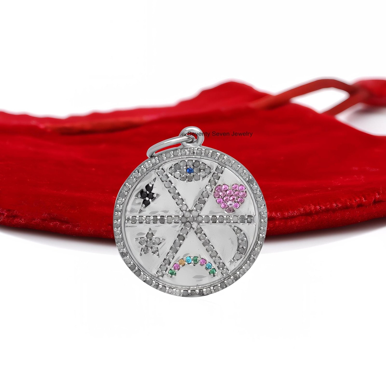 Silver Diamond Medallion Pendant: Heart Moon Religious Jewelry - View 5 - Seventy Seven Jewelry | SKU: SSMJP42-SLYGDIMT-2026 Silver Diamond Medallion Pendant: Heart Moon Religious Jewelry - View 5 - Seventy Seven Jewelry | SKU: SSMJP42-SLYGDIMT-2026