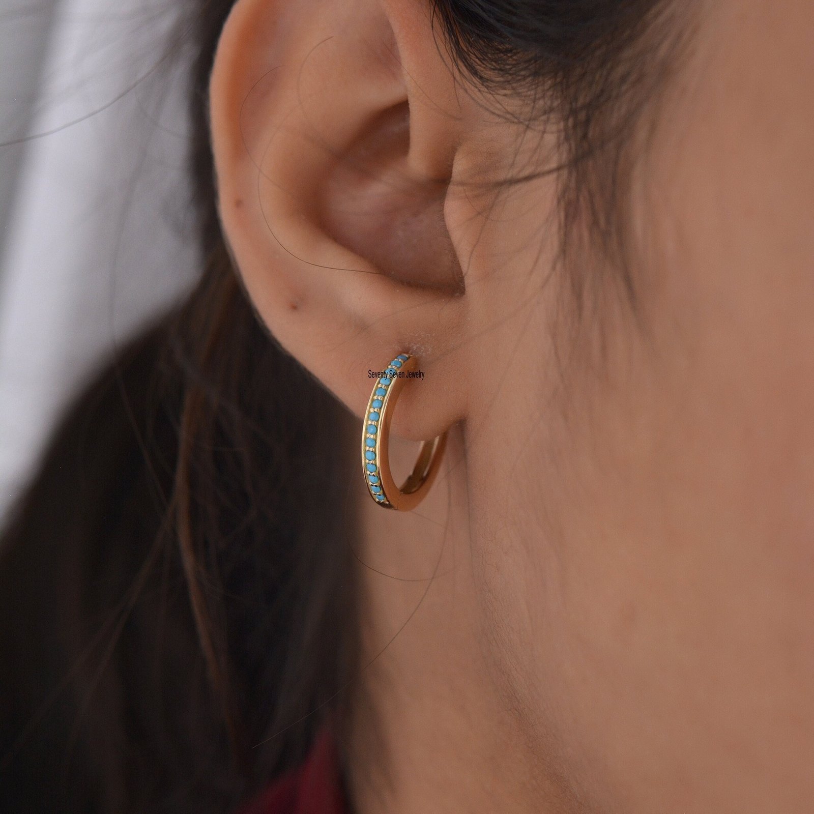 Silver Turquoise Hoop Earrings, Dainty Gemstone Huggies - Seventy Seven Jewelry | SKU: SSMJE302-SLYGDI-2026 Silver Turquoise Hoop Earrings, Dainty Gemstone Huggies - Seventy Seven Jewelry | SKU: SSMJE302-SLYGDI-2026