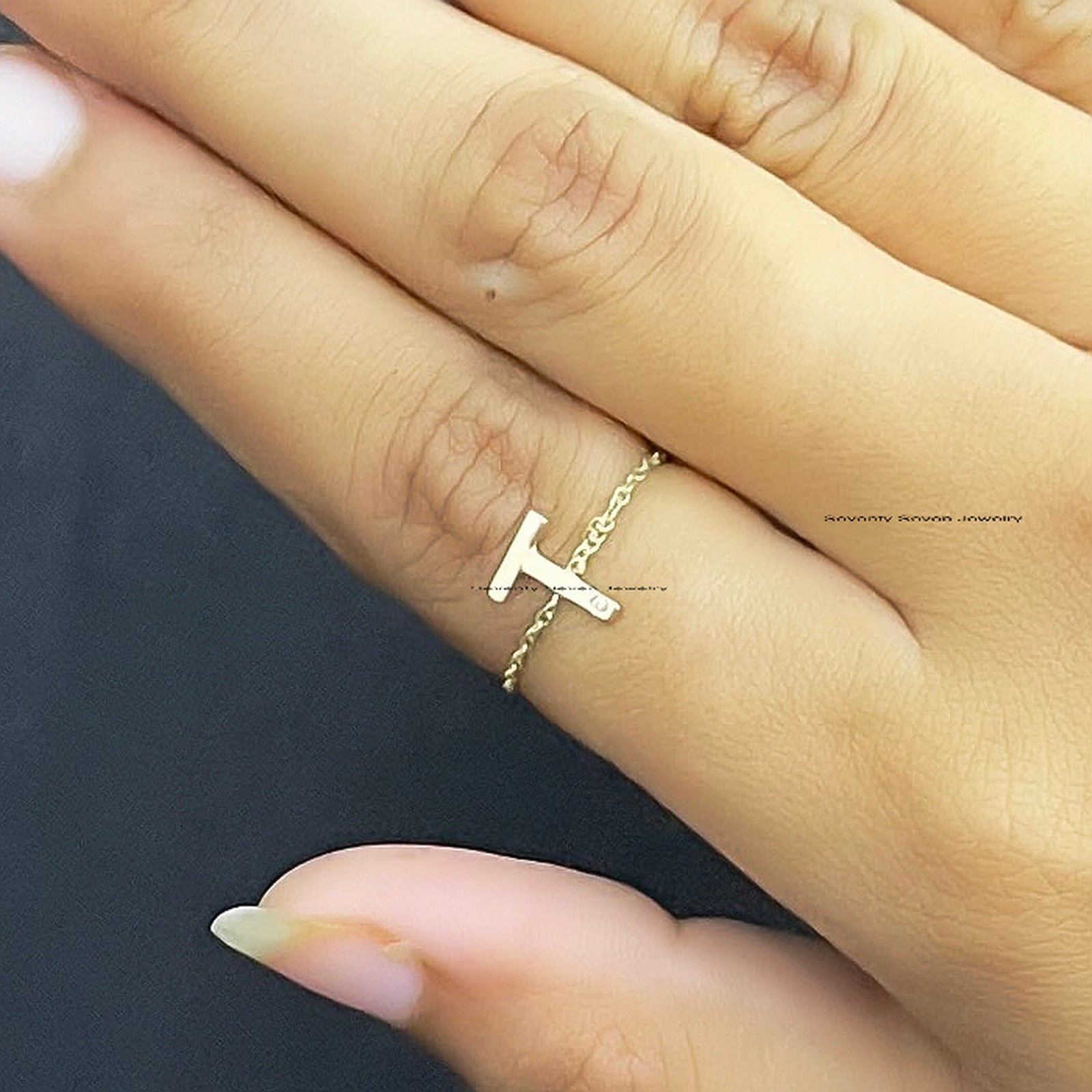 Solid 14K Gold Diamond Initial Ring - Personalized Chain - Seventy Seven Jewelry | SKU: SSMJR10-14KYGDI-M-2026 Solid 14K Gold Diamond Initial Ring - Personalized Chain - Seventy Seven Jewelry | SKU: SSMJR10-14KYGDI-M-2026