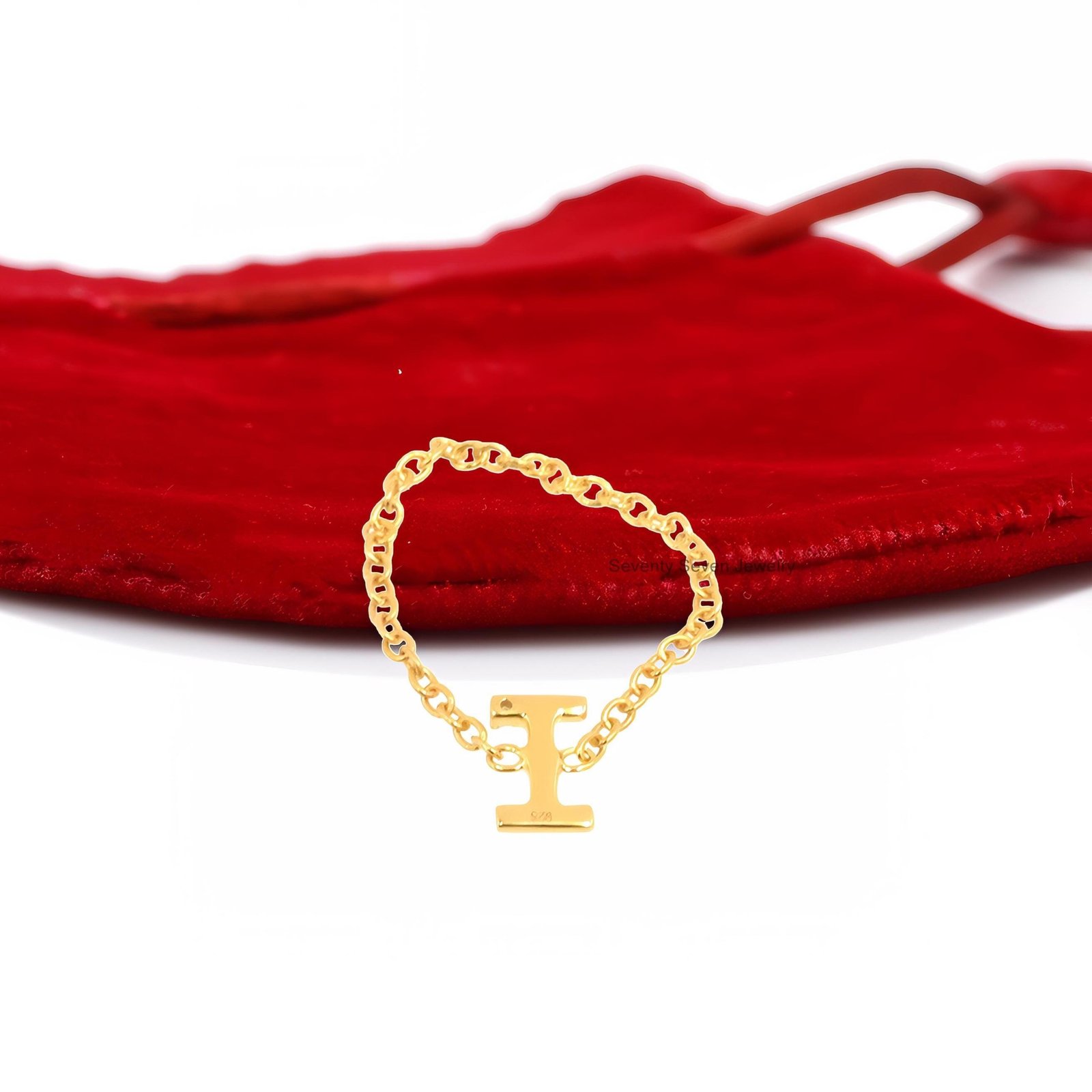 Solid 14K Gold Diamond Initial Ring - Personalized Chain - View 2 - Seventy Seven Jewelry | SKU: SSMJR10-14KYGDI-M-2026 Solid 14K Gold Diamond Initial Ring - Personalized Chain - View 2 - Seventy Seven Jewelry | SKU: SSMJR10-14KYGDI-M-2026