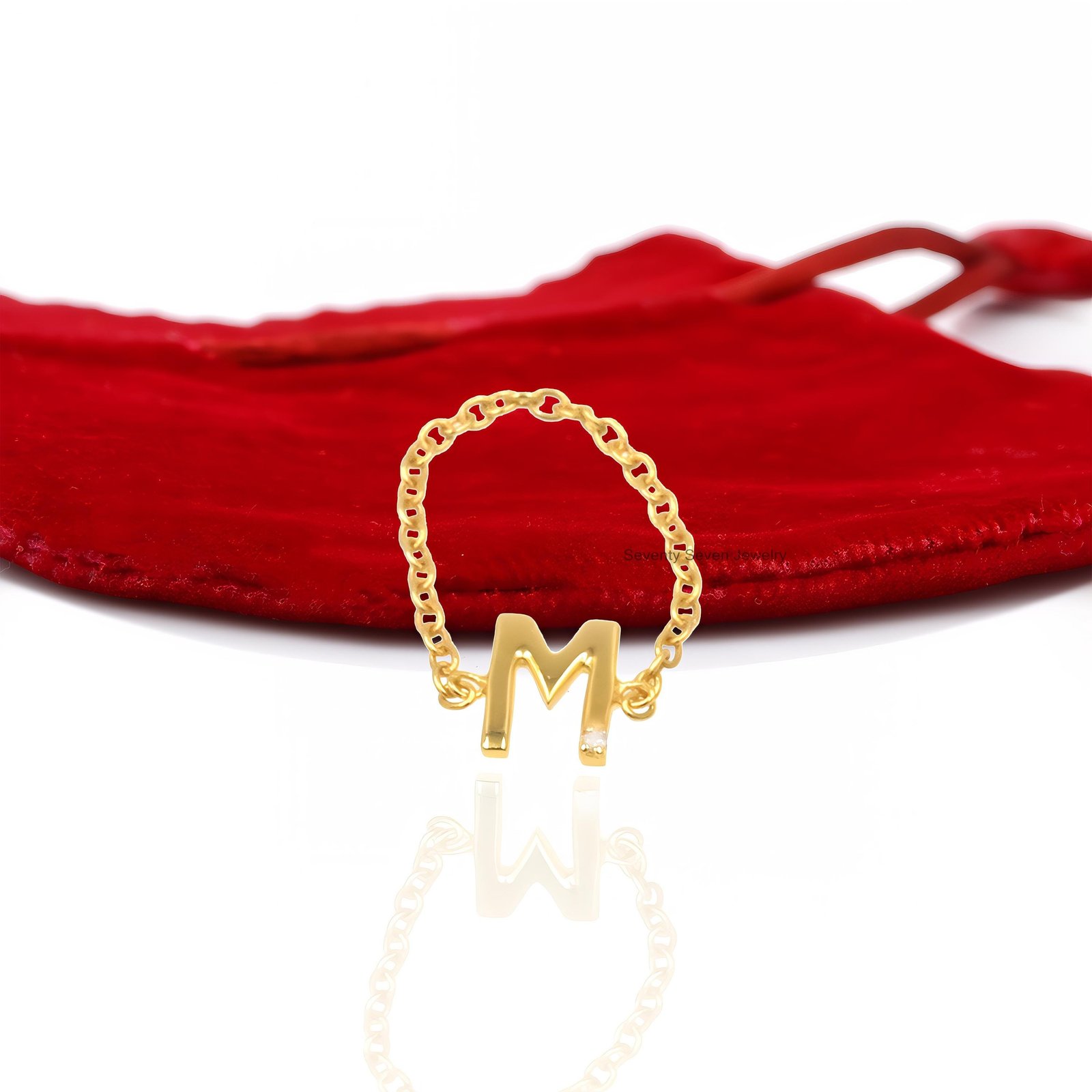 Solid 14K Gold Diamond Initial Ring - Personalized Chain - View 3 - Seventy Seven Jewelry | SKU: SSMJR10-14KYGDI-M-2026 Solid 14K Gold Diamond Initial Ring - Personalized Chain - View 3 - Seventy Seven Jewelry | SKU: SSMJR10-14KYGDI-M-2026