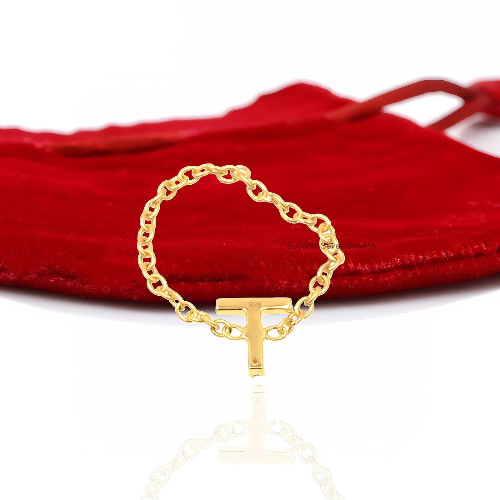 Solid 14K Gold Diamond Initial Ring - Personalized Chain - View 4 - Seventy Seven Jewelry | SKU: SSMJR10-14KYGDI-M-2026 Solid 14K Gold Diamond Initial Ring - Personalized Chain - View 4 - Seventy Seven Jewelry | SKU: SSMJR10-14KYGDI-M-2026