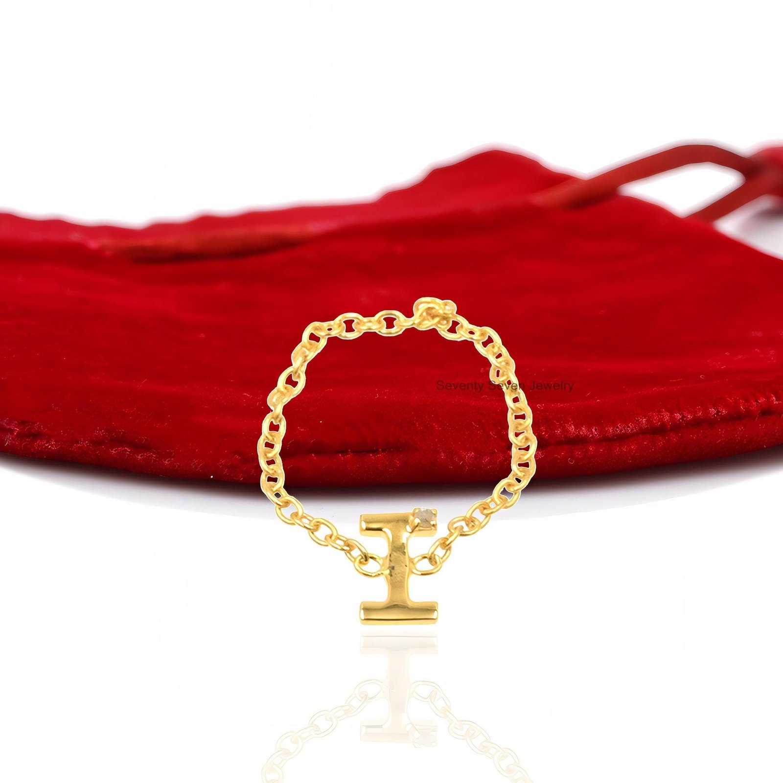 Solid 14K Gold Diamond Initial Ring - Personalized Chain - View 5 - Seventy Seven Jewelry | SKU: SSMJR10-14KYGDI-M-2026 Solid 14K Gold Diamond Initial Ring - Personalized Chain - View 5 - Seventy Seven Jewelry | SKU: SSMJR10-14KYGDI-M-2026