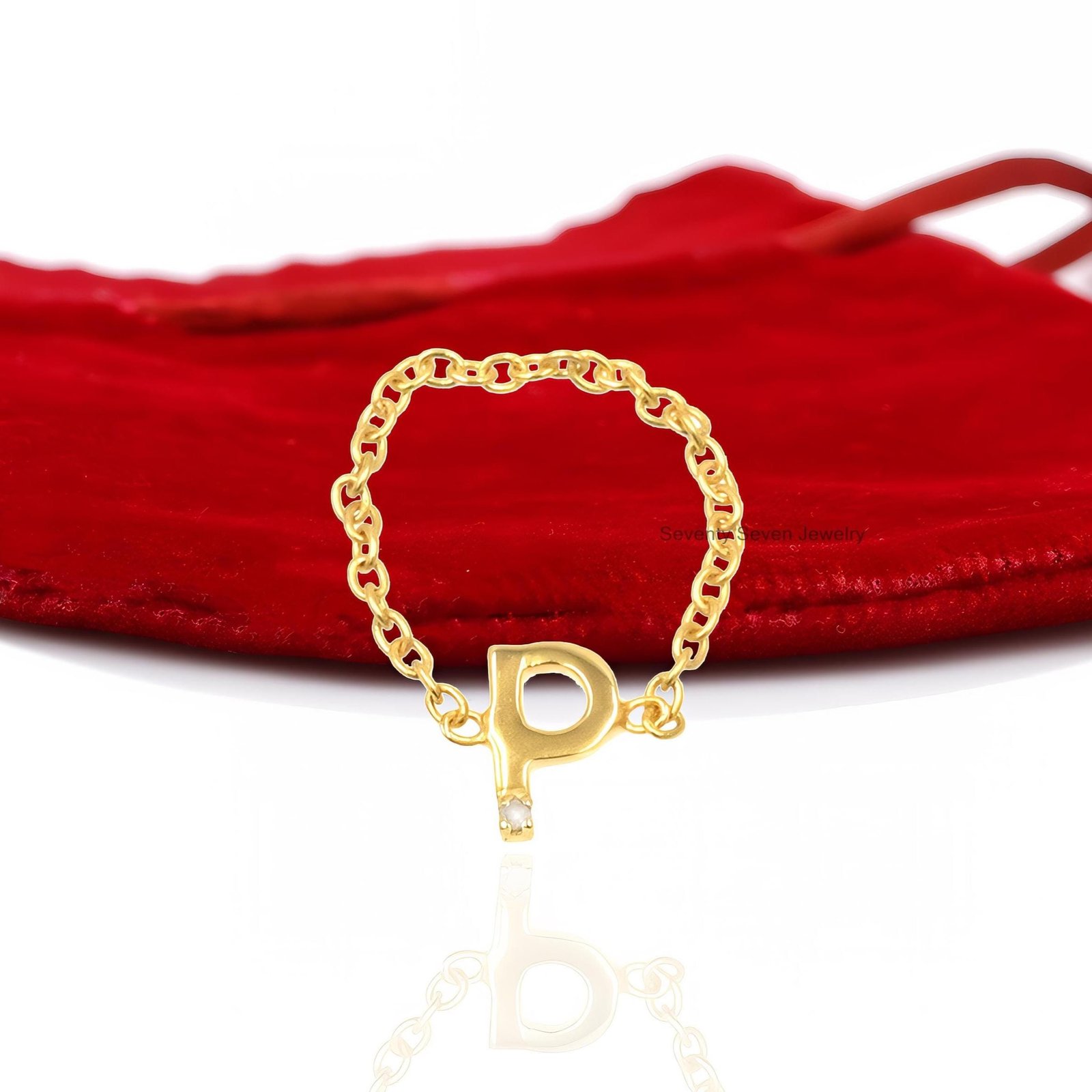 Solid 14K Gold Diamond Initial Ring - Personalized Chain - View 6 - Seventy Seven Jewelry | SKU: SSMJR10-14KYGDI-M-2026 Solid 14K Gold Diamond Initial Ring - Personalized Chain - View 6 - Seventy Seven Jewelry | SKU: SSMJR10-14KYGDI-M-2026
