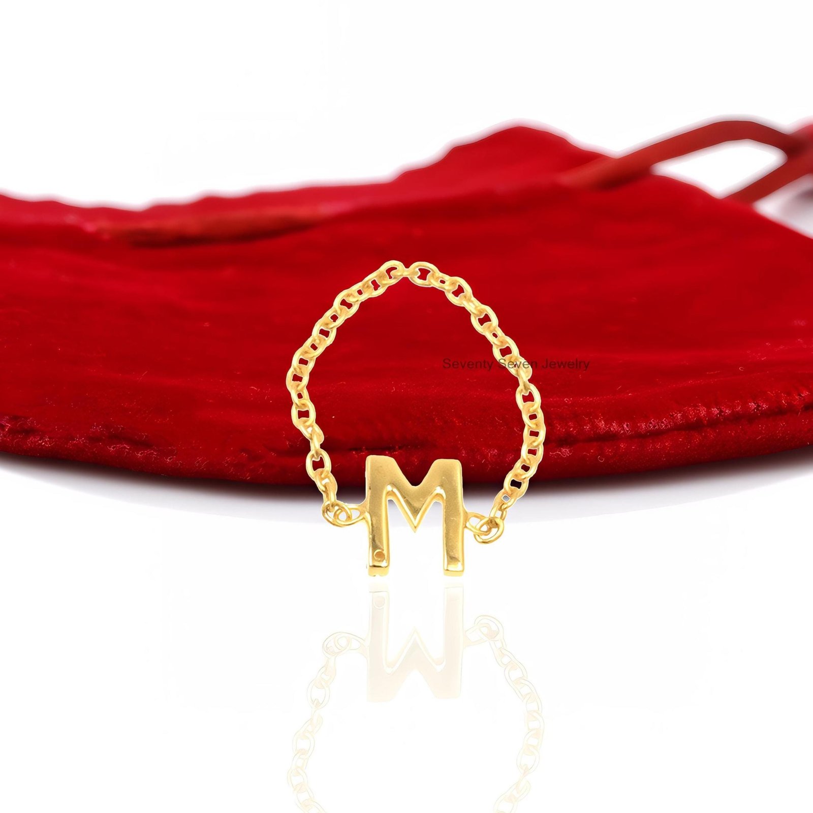 Solid 14K Gold Diamond Initial Ring - Personalized Chain - View 7 - Seventy Seven Jewelry | SKU: SSMJR10-14KYGDI-M-2026 Solid 14K Gold Diamond Initial Ring - Personalized Chain - View 7 - Seventy Seven Jewelry | SKU: SSMJR10-14KYGDI-M-2026