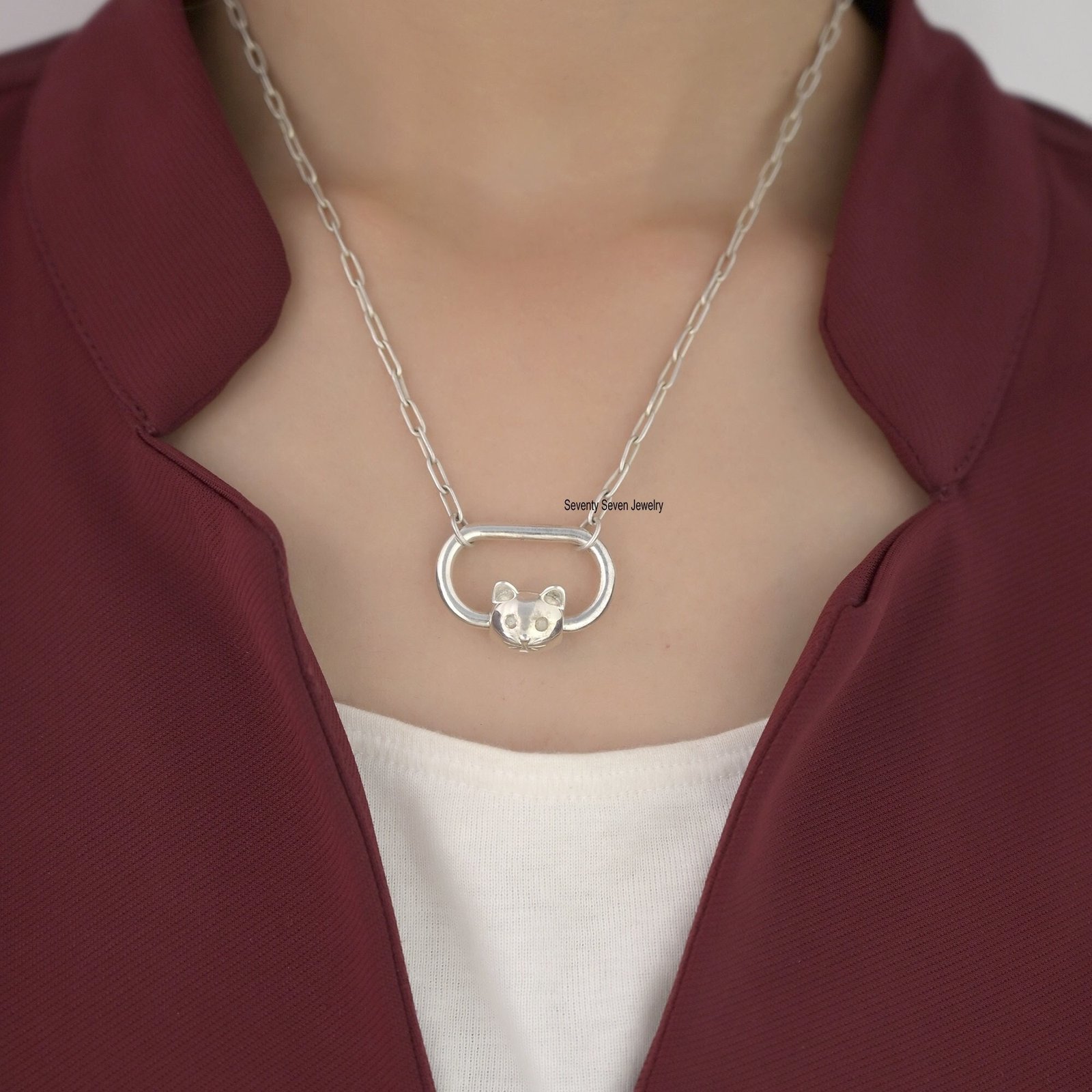 Sterling Silver Cat Carabiner Lock: Diamond Eyes, 30mm - Seventy Seven Jewelry | SKU: SSMJC100-SLYGDI-2026 Sterling Silver Cat Carabiner Lock: Diamond Eyes, 30mm - Seventy Seven Jewelry | SKU: SSMJC100-SLYGDI-2026