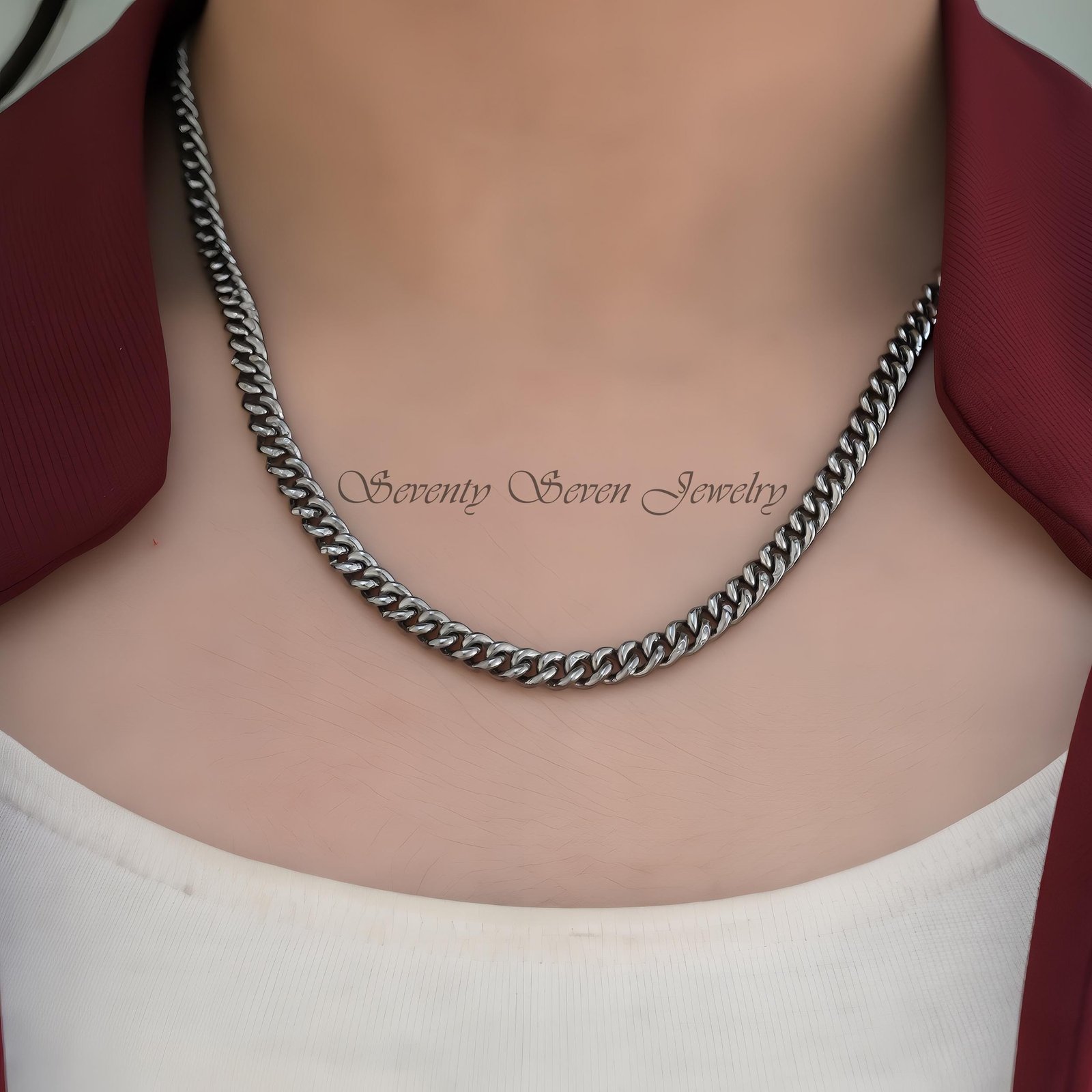 Sterling Silver Curb Chain Necklace: 4.5mm Cuban Link Choker - View 3 - Seventy Seven Jewelry | SKU: SSG17-SLYG-5M-18I-V Sterling Silver Curb Chain Necklace: 4.5mm Cuban Link Choker - View 3 - Seventy Seven Jewelry | SKU: SSG17-SLYG-5M-18I-V