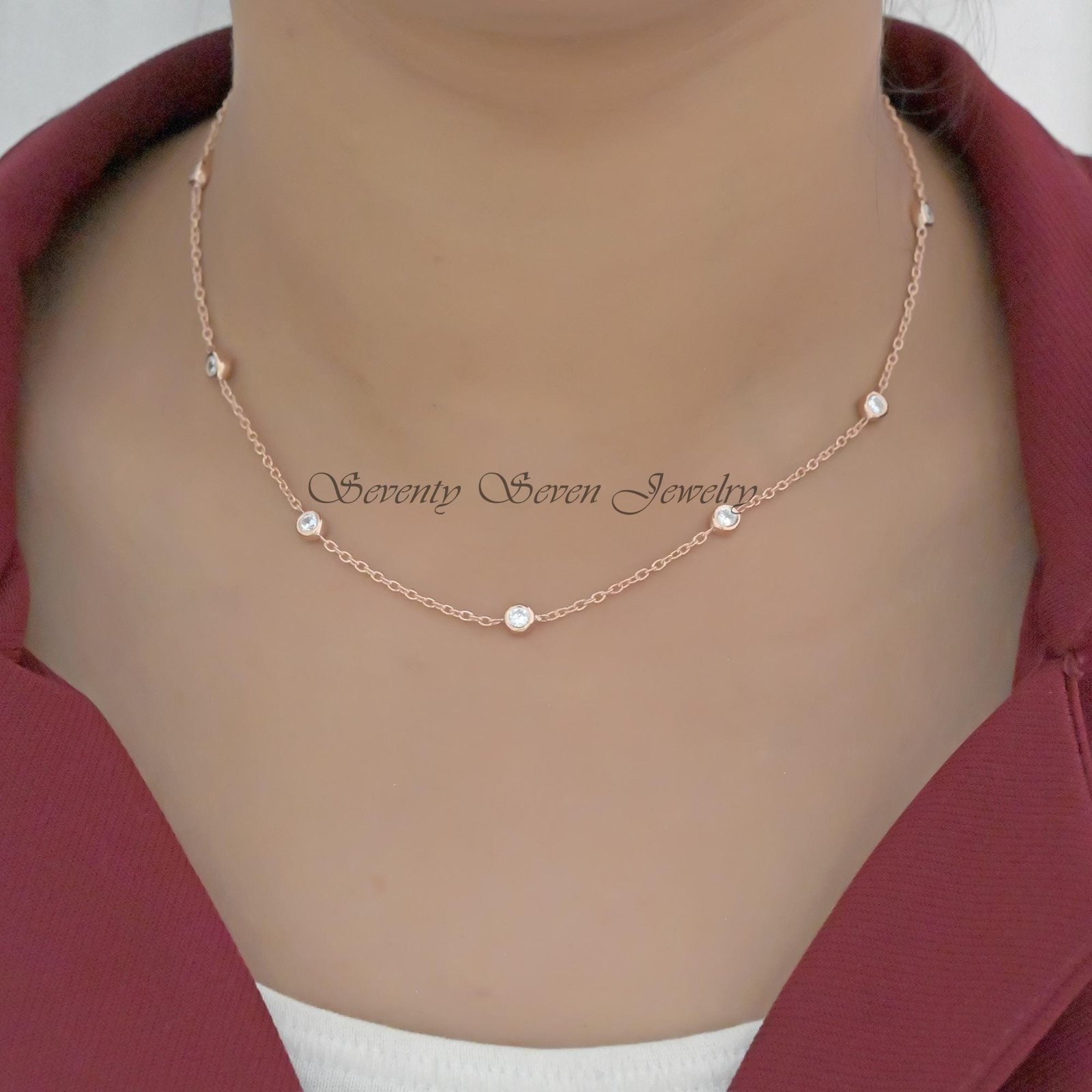Sterling Silver CZ Bezel Station Necklace - Layered - View 2 - Seventy Seven Jewelry | SKU: SSMJN269-SLYGCZ-18I Sterling Silver CZ Bezel Station Necklace - Layered - View 2 - Seventy Seven Jewelry | SKU: SSMJN269-SLYGCZ-18I