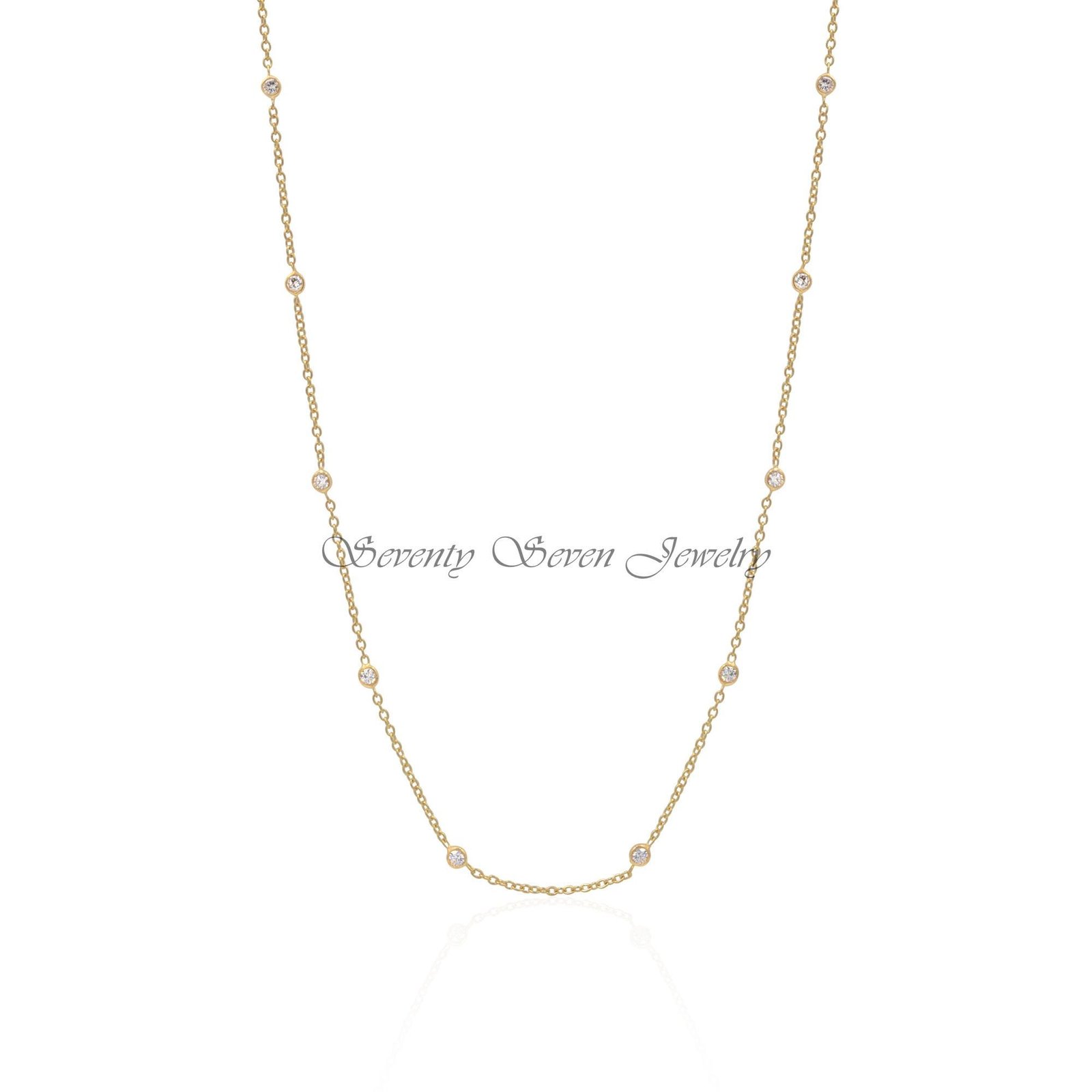 Sterling Silver CZ Bezel Station Necklace - Layered - View 5 - Seventy Seven Jewelry | SKU: SSMJN269-SLYGCZ-18I Sterling Silver CZ Bezel Station Necklace - Layered - View 5 - Seventy Seven Jewelry | SKU: SSMJN269-SLYGCZ-18I