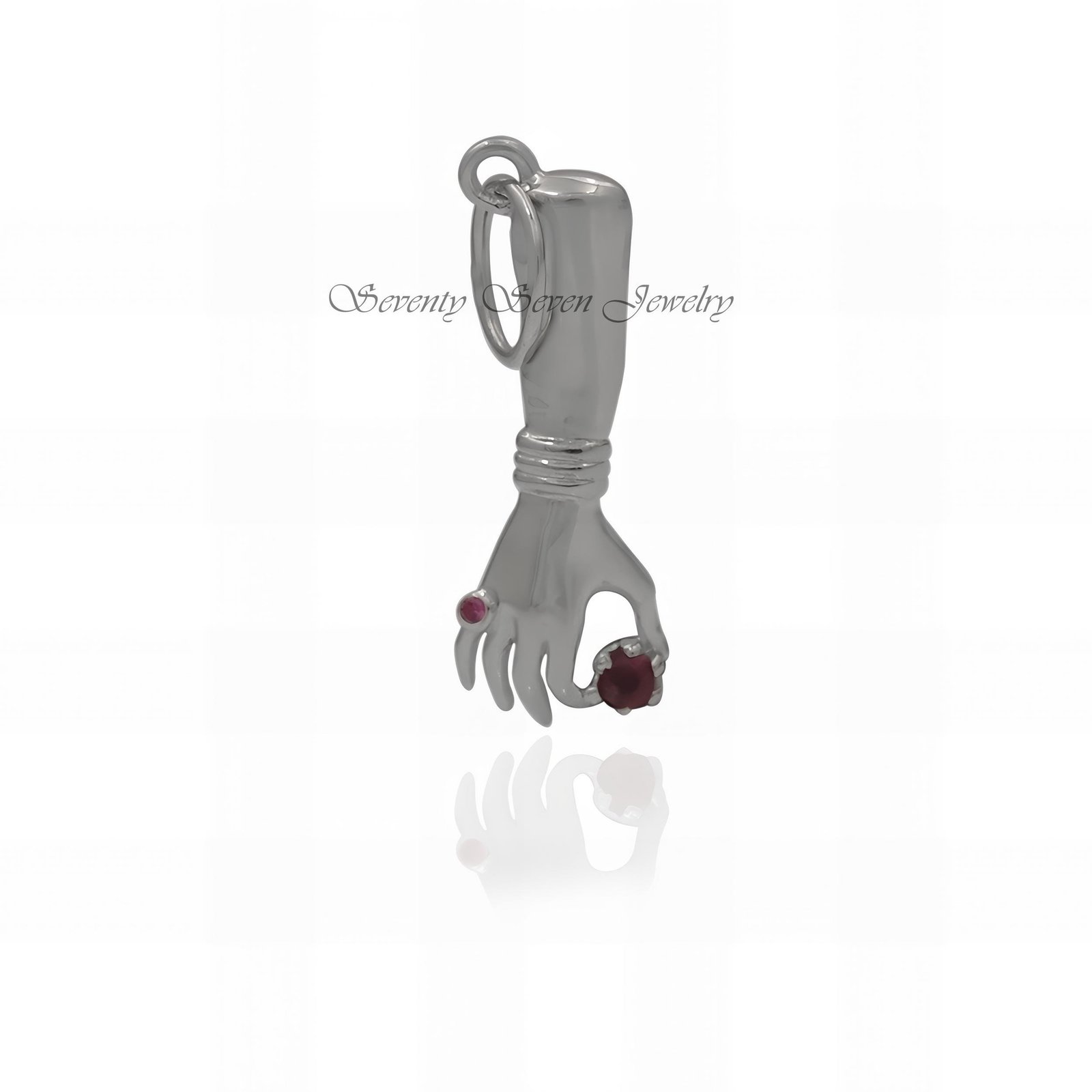 Sterling Silver Figa Hand Necklace: Ruby Gemstone Pendant - Seventy Seven Jewelry | SKU: SSMJP517-N41-SLWGRU-2026 Sterling Silver Figa Hand Necklace: Ruby Gemstone Pendant - Seventy Seven Jewelry | SKU: SSMJP517-N41-SLWGRU-2026