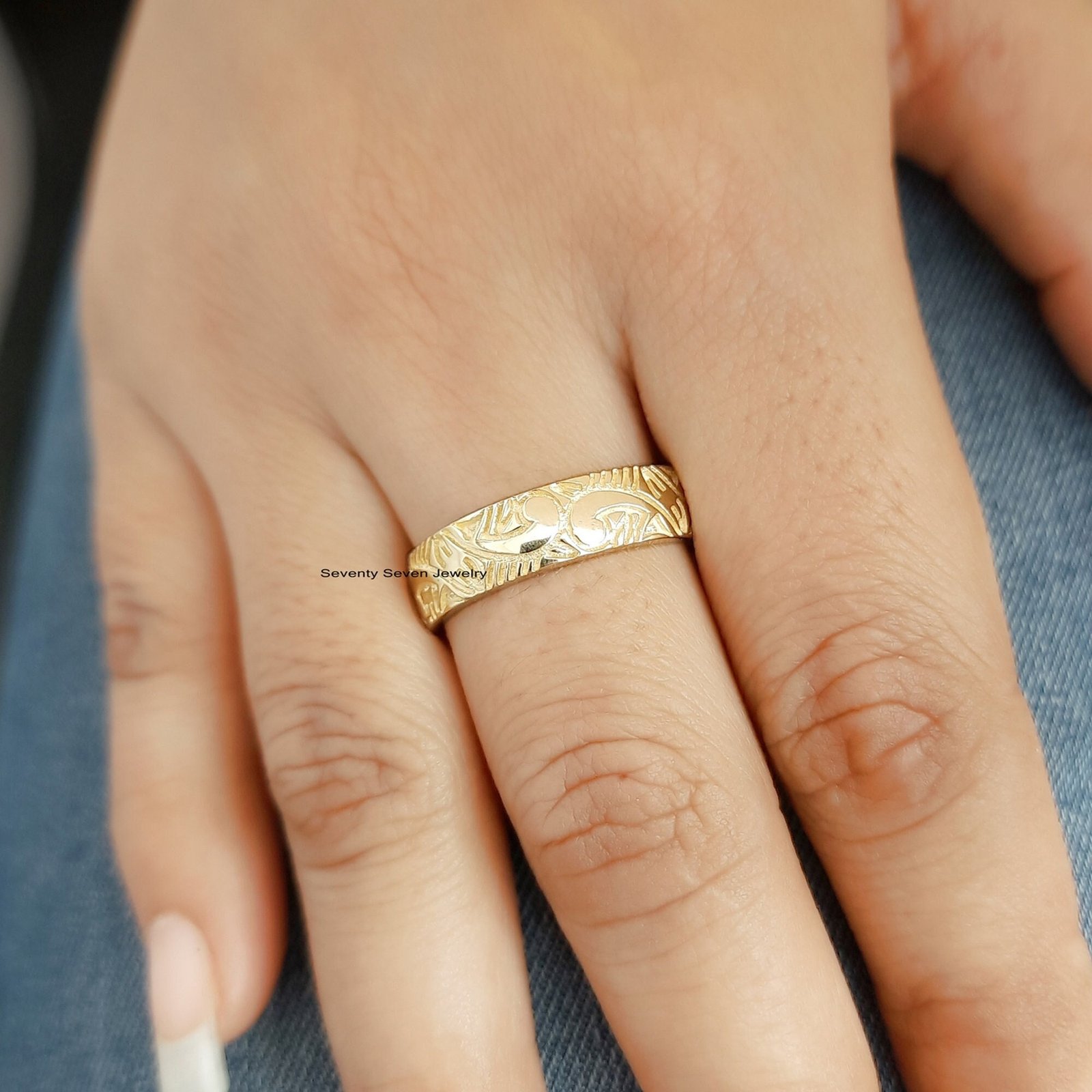Sterling Silver Floral Engraved Band Ring: Carved Wedding Jewelry - View 2 - Seventy Seven Jewelry | SKU: SSMJR624-SLYG-2026 Sterling Silver Floral Engraved Band Ring: Carved Wedding Jewelry - View 2 - Seventy Seven Jewelry | SKU: SSMJR624-SLYG-2026