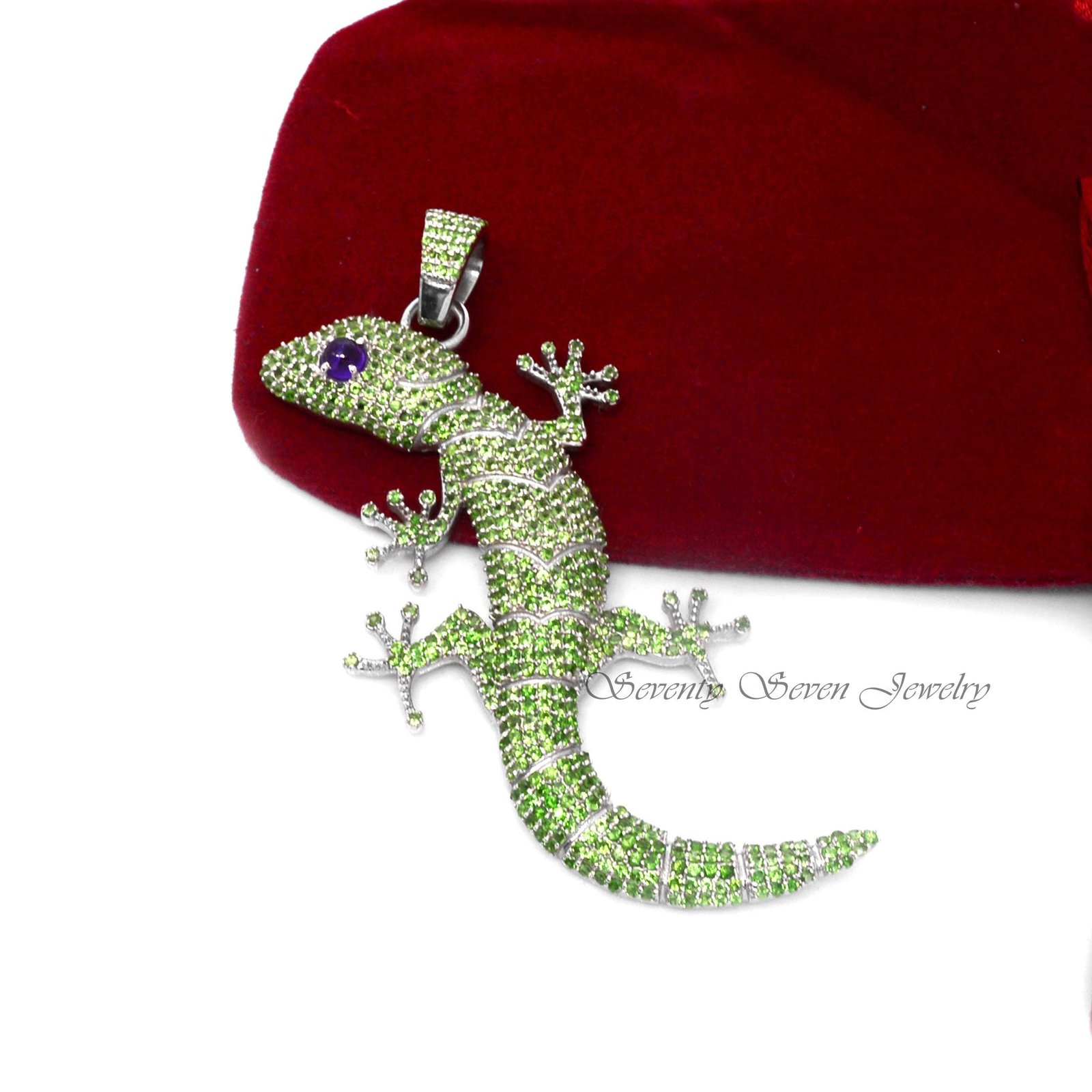 Sterling Silver Gecko Pendant: Antique Tsavorite Lizard Jewelry - Seventy Seven Jewelry | SKU: SSMJP496-SLRHTSAM-2026 Sterling Silver Gecko Pendant: Antique Tsavorite Lizard Jewelry - Seventy Seven Jewelry | SKU: SSMJP496-SLRHTSAM-2026