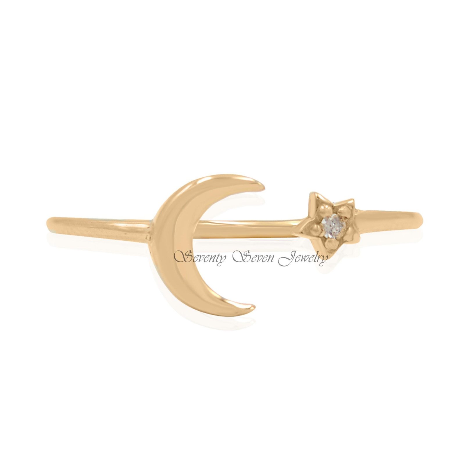Sterling Silver Moissanite Moon and Star Ring - Adjustable Open Band - Seventy Seven Jewelry | SKU: SSMJR628-SL-2026 Sterling Silver Moissanite Moon and Star Ring - Adjustable Open Band - Seventy Seven Jewelry | SKU: SSMJR628-SL-2026