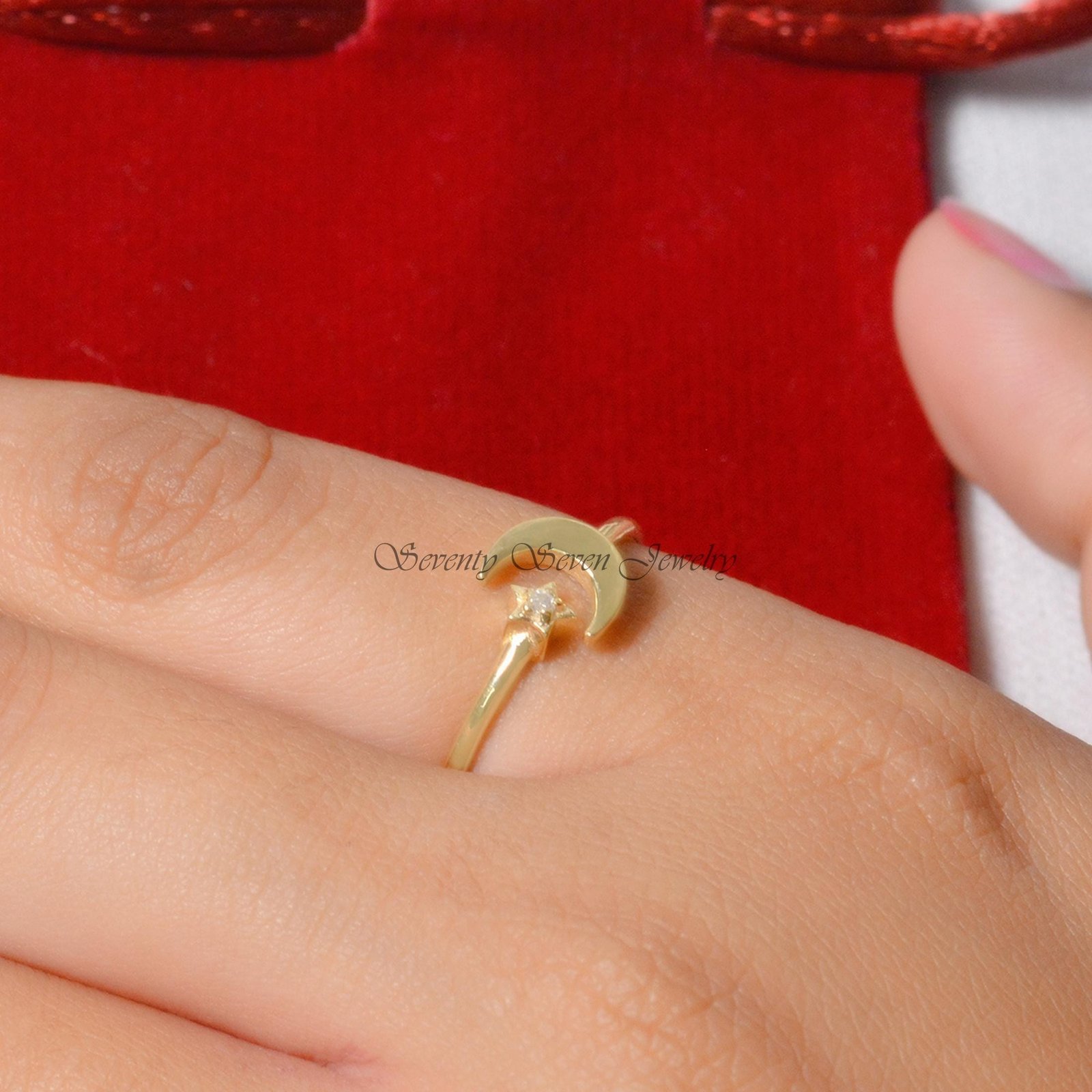 Sterling Silver Moissanite Moon and Star Ring - Adjustable Open Band - View 2 - Seventy Seven Jewelry | SKU: SSMJR628-SL-2026 Sterling Silver Moissanite Moon and Star Ring - Adjustable Open Band - View 2 - Seventy Seven Jewelry | SKU: SSMJR628-SL-2026