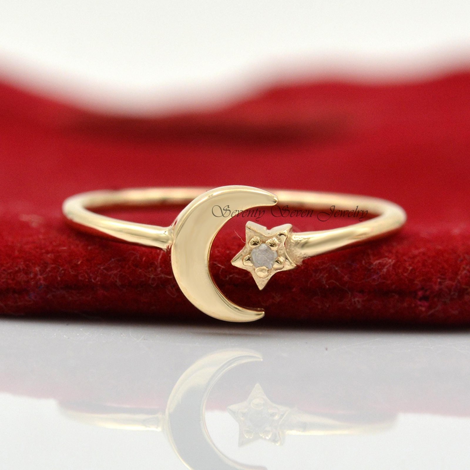 Sterling Silver Moissanite Moon and Star Ring - Adjustable Open Band - View 3 - Seventy Seven Jewelry | SKU: SSMJR628-SL-2026 Sterling Silver Moissanite Moon and Star Ring - Adjustable Open Band - View 3 - Seventy Seven Jewelry | SKU: SSMJR628-SL-2026